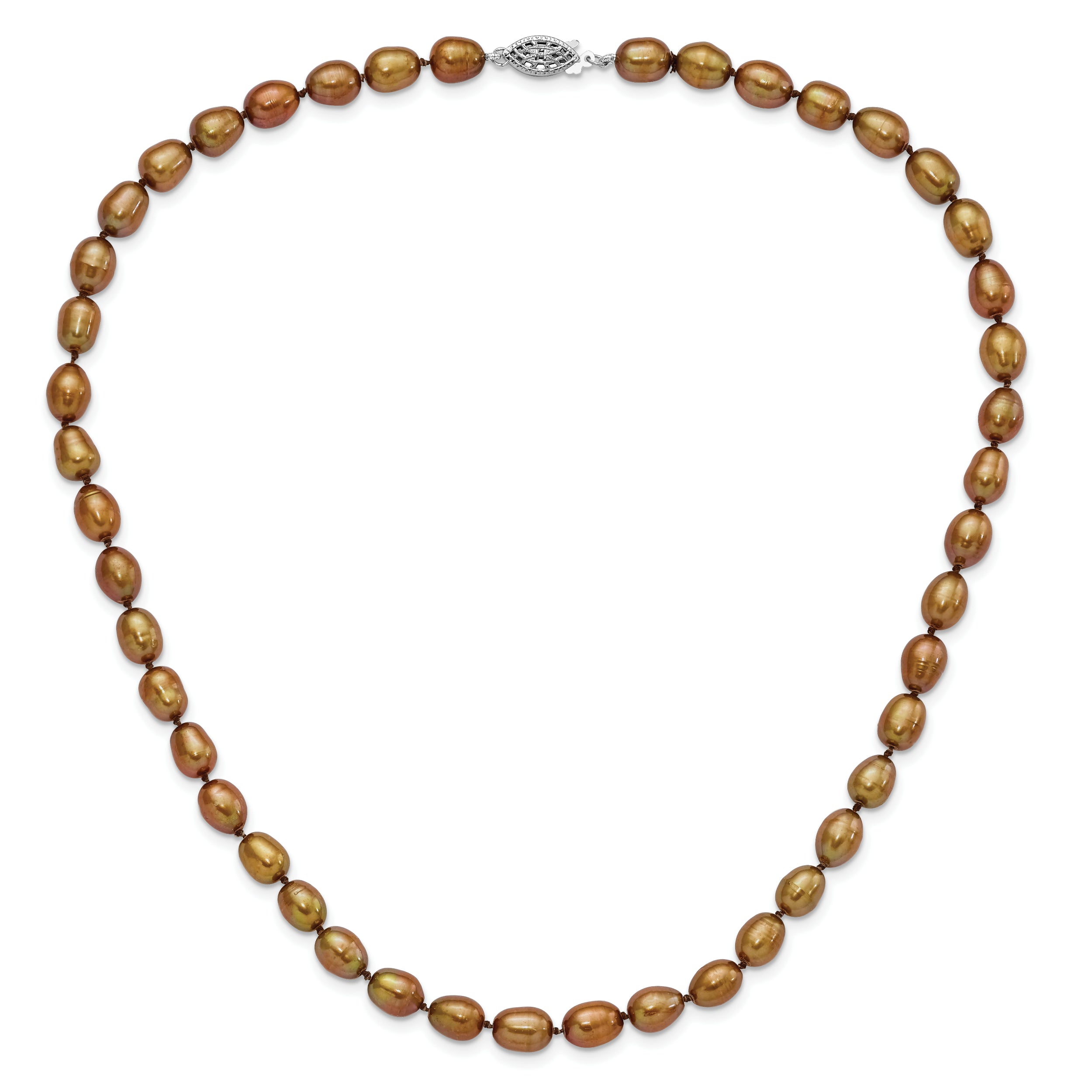Sterling Silver Pearl Necklace with Rhodium-Plated Brown Rice Pearls