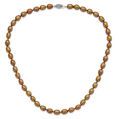 Sterling Silver Pearl Necklace with Rhodium-Plated Brown Rice Pearls