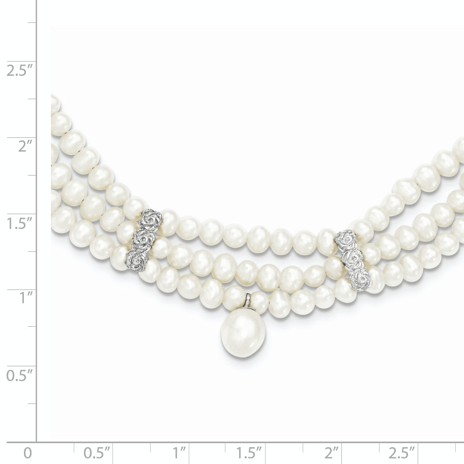 Sterling Silver Cultured Pearl Necklace with Polished Finish 3 Row Elegant Style