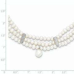 Sterling Silver Cultured Pearl Necklace with Polished Finish 3 Row Elegant Style