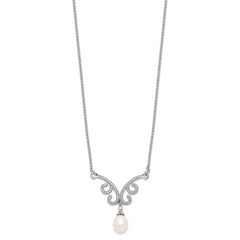 Sophia Jewelers Sterling Silver Pearl CZ Necklace with Rhodium Finish