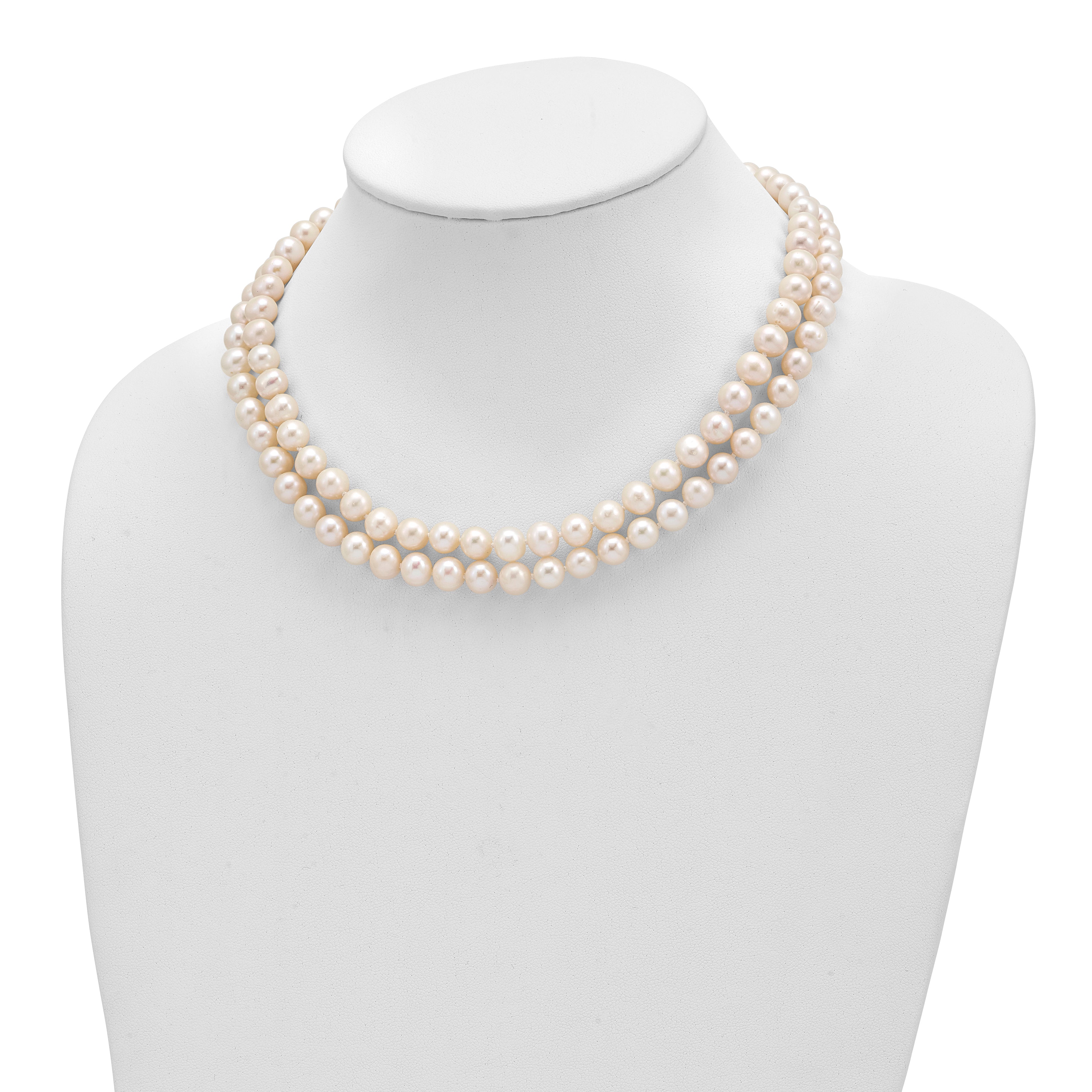 Sterling Silver Rhodium 7.5-8.5mm White FWC Pearl 2-Strand Necklace