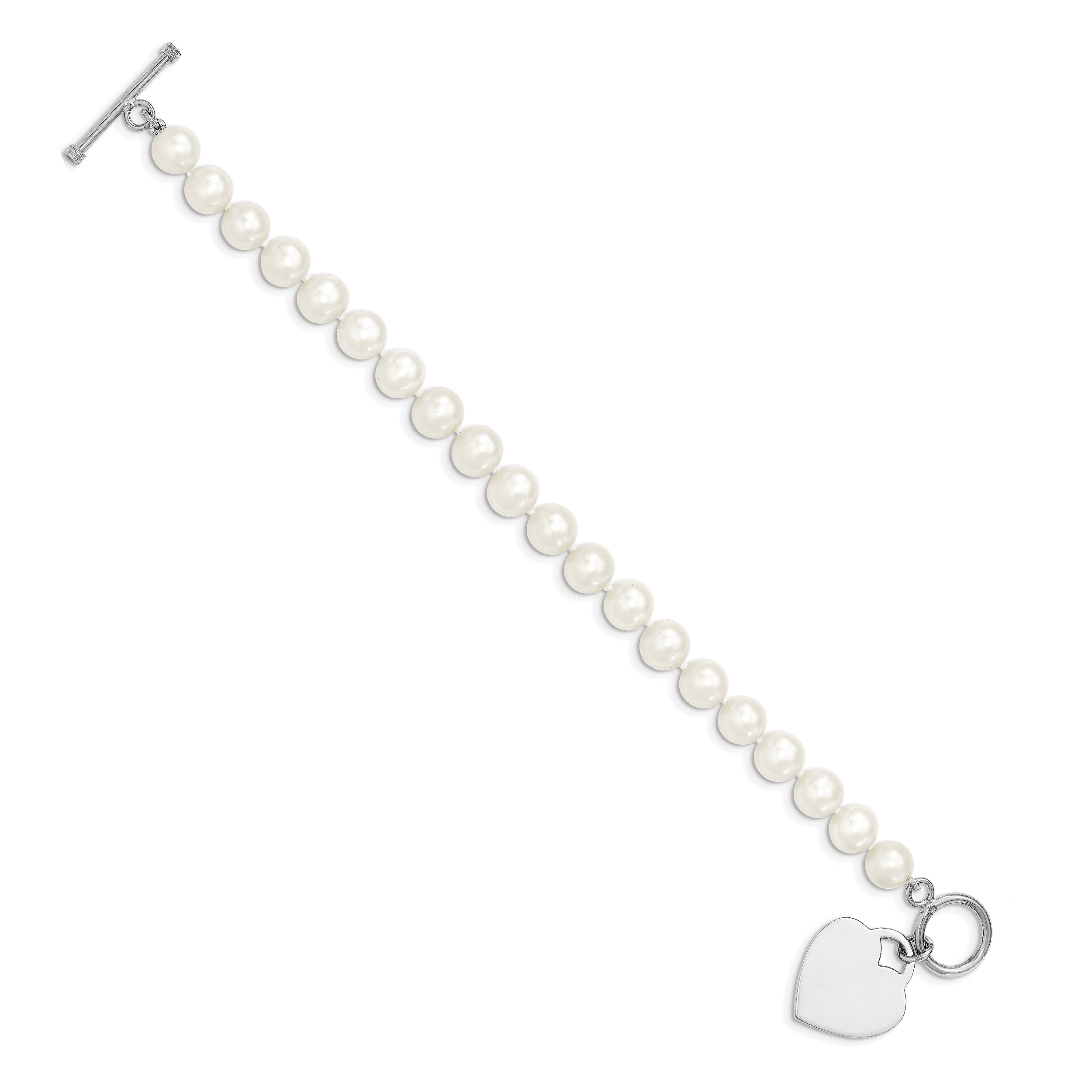 Sterling Silver Rhodium 8-9mm White FWC Pearl Heart Toggle Bracelet