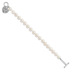 Sterling Silver Rhodium-plt 8-9mm White FWC Pearl Heart Toggle Bracelet