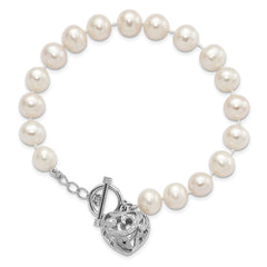 Sterling Silver Rhodium-plt 8-9mm White FWC Pearl Heart Toggle Bracelet