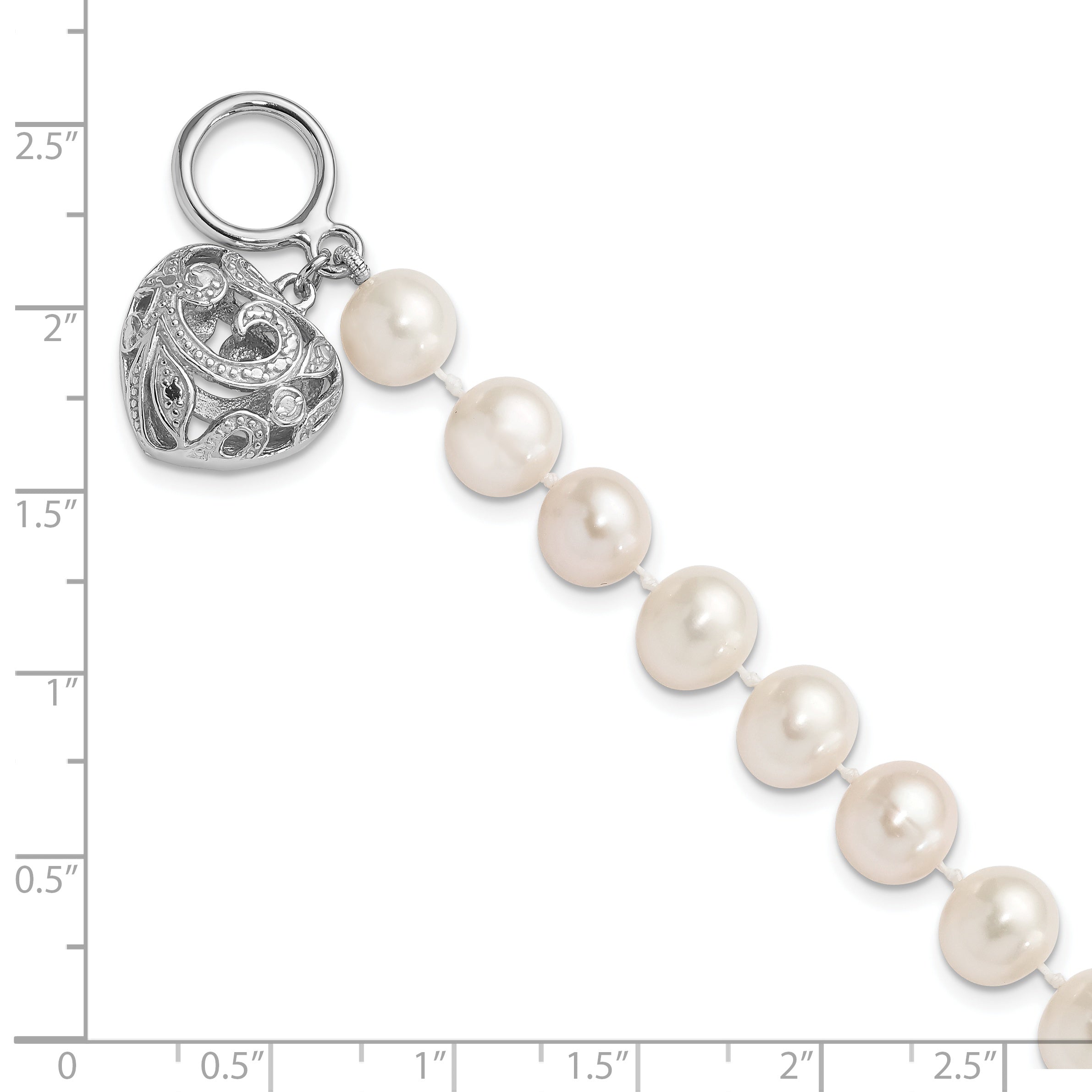 Sterling Silver Rhodium-plt 8-9mm White FWC Pearl Heart Toggle Bracelet