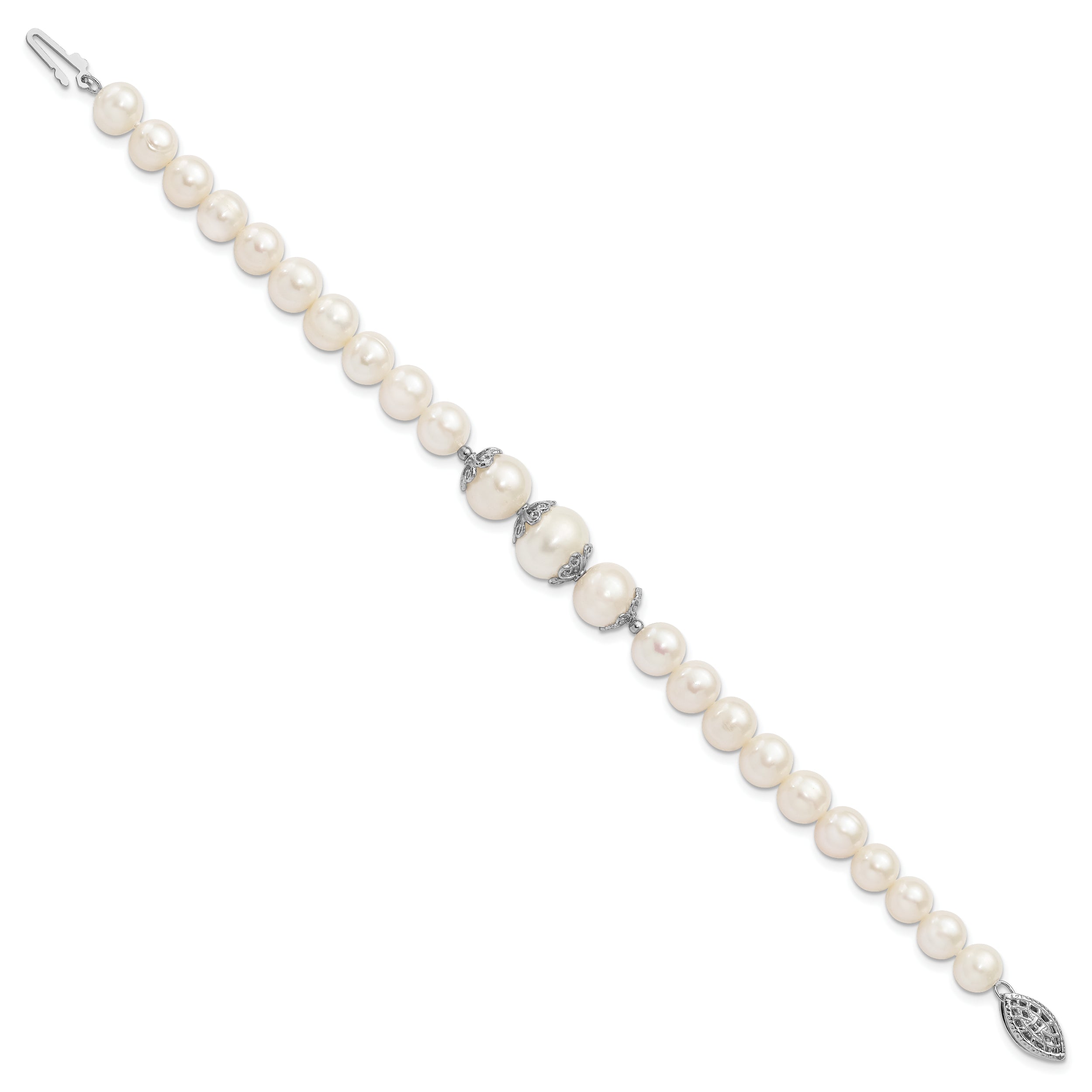 Sterling Silver Rhodium-plated Fancy Filigree Spacers and 7-10mm White Freshwater Cultured Pearl 7 inch Bracelet