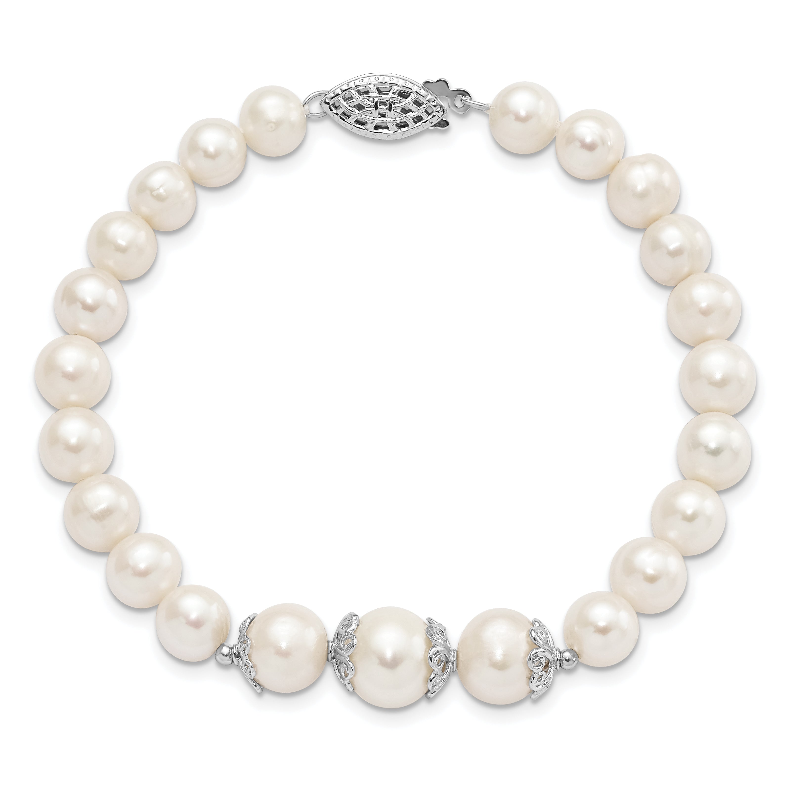 Sterling Silver Rhodium-plated Fancy Filigree Spacers and 7-10mm White Freshwater Cultured Pearl 7 inch Bracelet