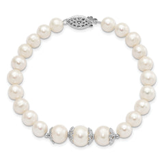 Sterling Silver Rhodium-plated Fancy Filigree Spacers and 7-10mm White Freshwater Cultured Pearl 7 inch Bracelet