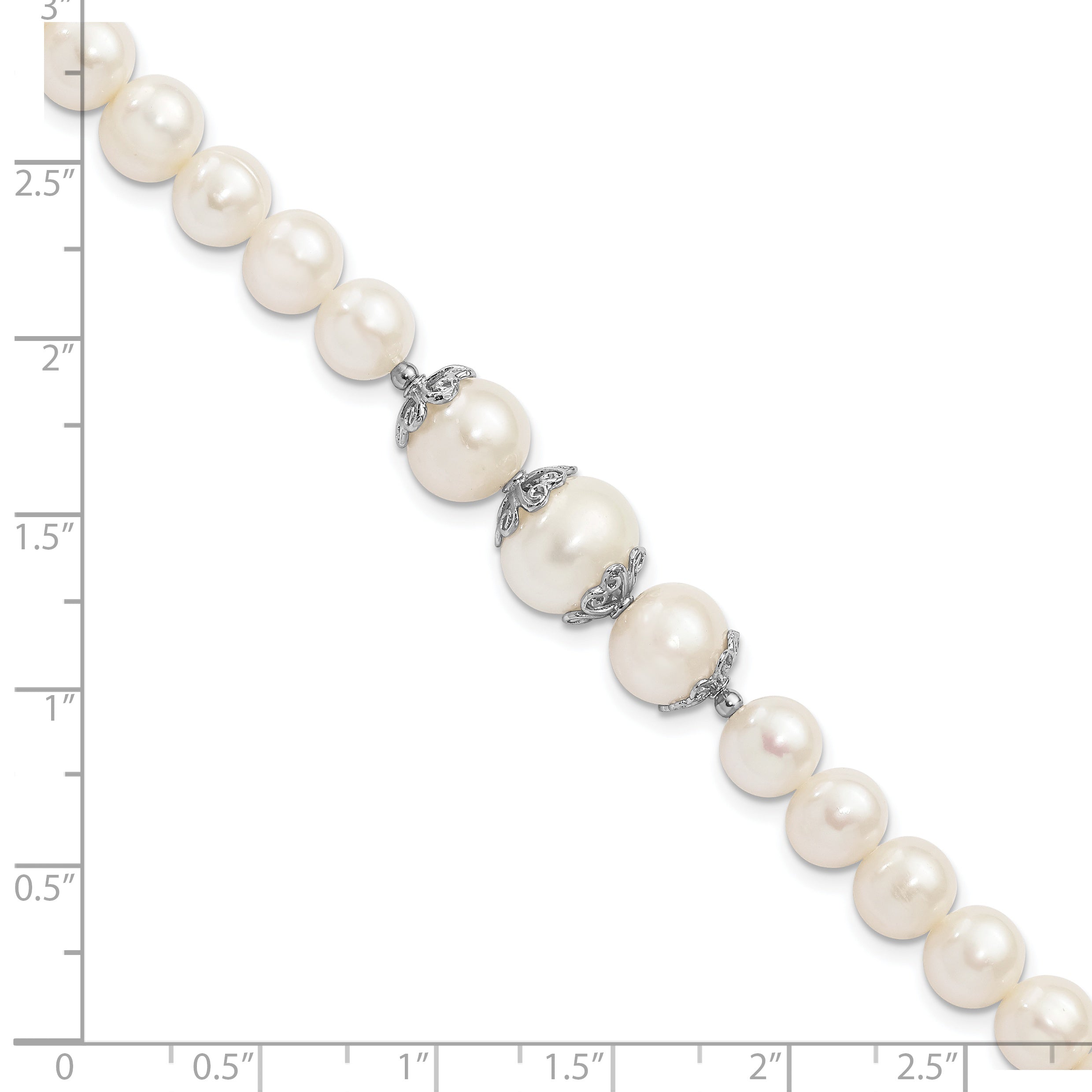 Sterling Silver Rhodium-plated Fancy Filigree Spacers and 7-10mm White Freshwater Cultured Pearl 7 inch Bracelet