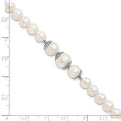 Sterling Silver Rhodium-plated Fancy Filigree Spacers and 7-10mm White Freshwater Cultured Pearl 7 inch Bracelet
