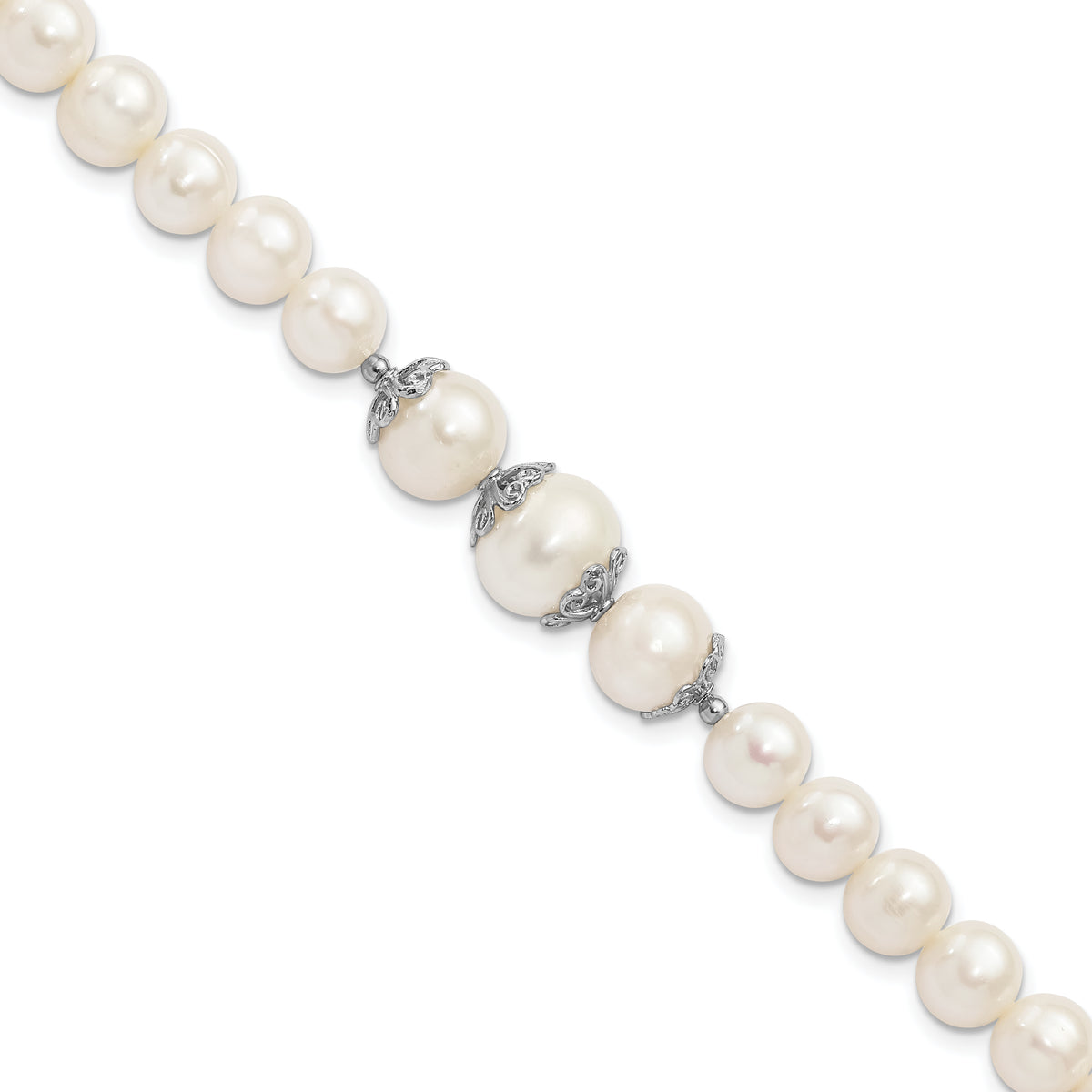 Sterling Silver Rhodium-plated Fancy Filigree Spacers and 7-10mm White Freshwater Cultured Pearl 7 inch Bracelet