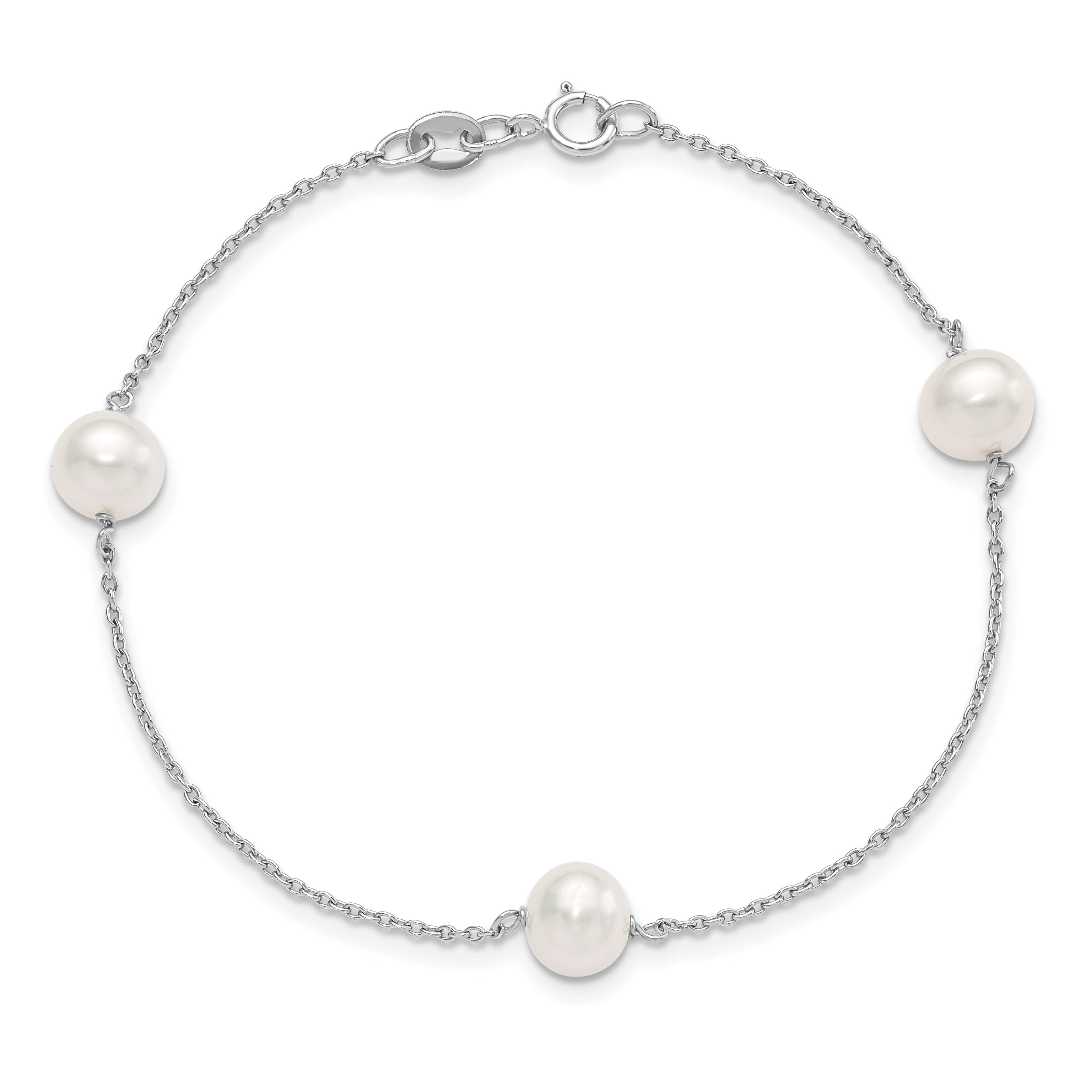 Sterling Silver Rh-plated 3-stat 7-8mm White Semi-round FWC Pearl Bracelet