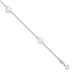 Sterling Silver Rh-plated 3-stat 7-8mm White Semi-round FWC Pearl Bracelet