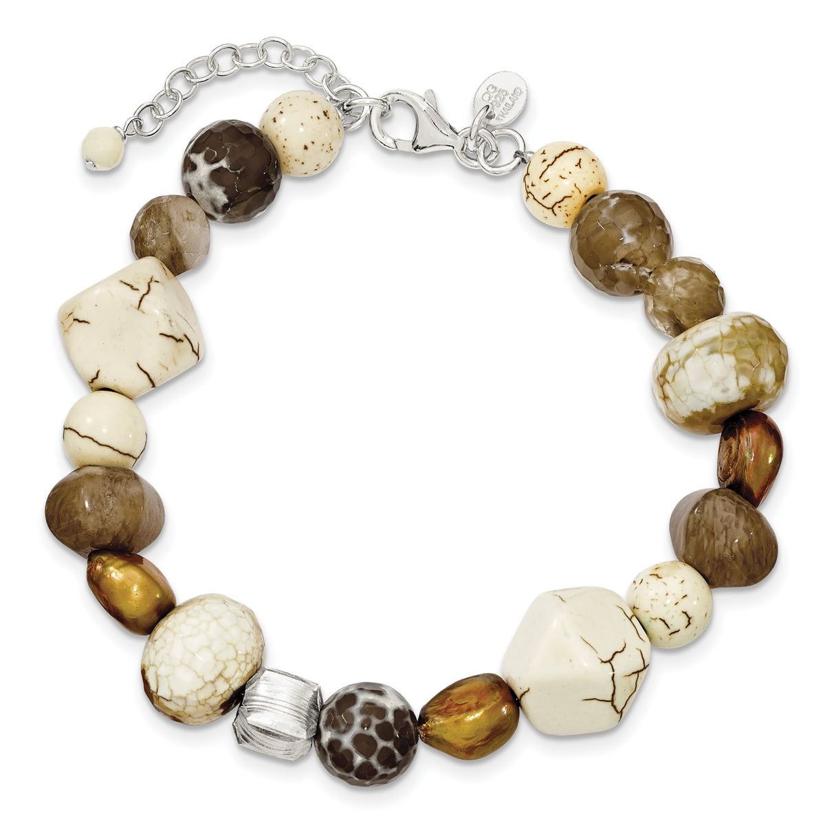 SS Brown FW Cultured Pearl, MOP, Agate, Magnesite and Quartz With1 ext Br