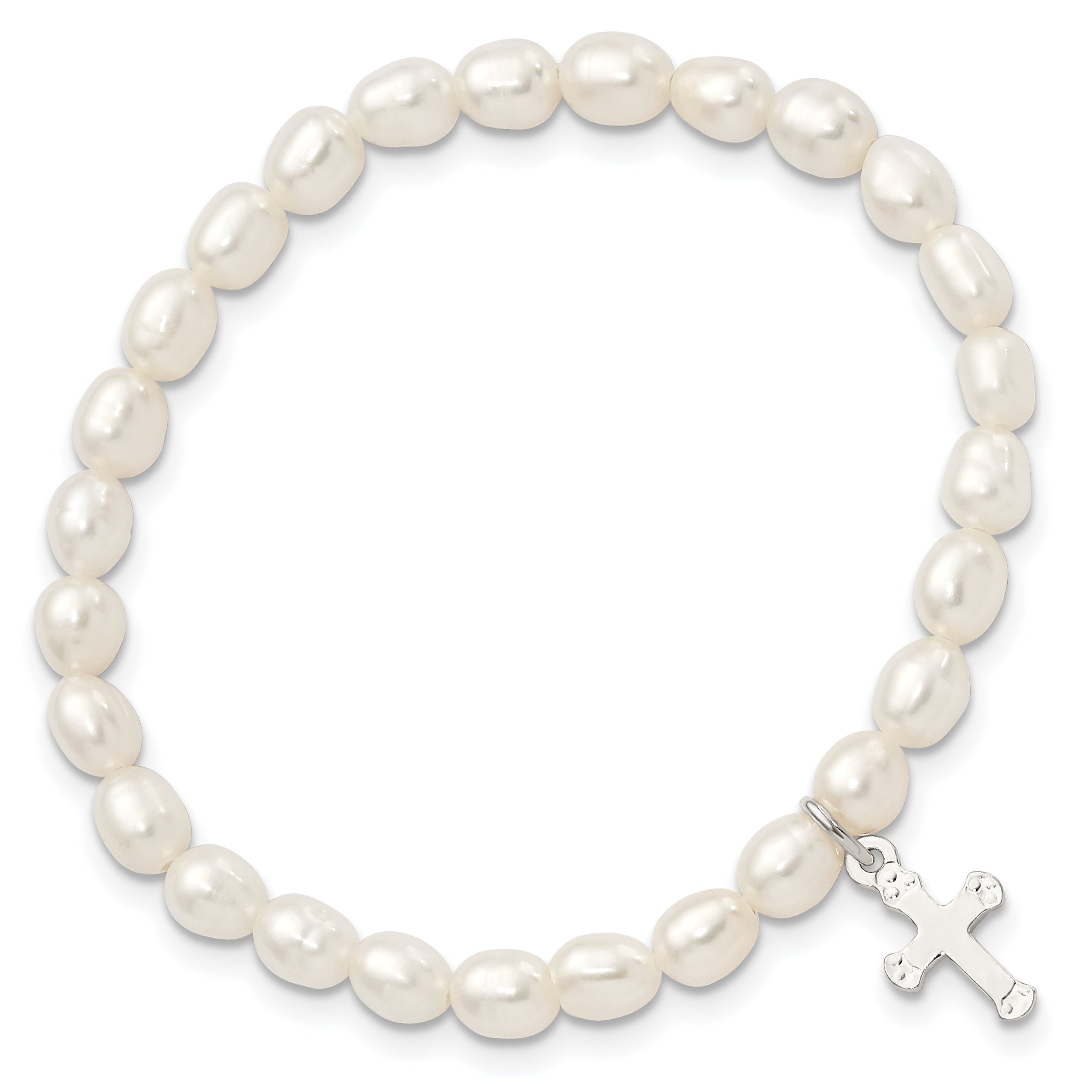 Sterling Silver Polished FWC Pearl & Cross Children's Stretch Bracelet Secondary image