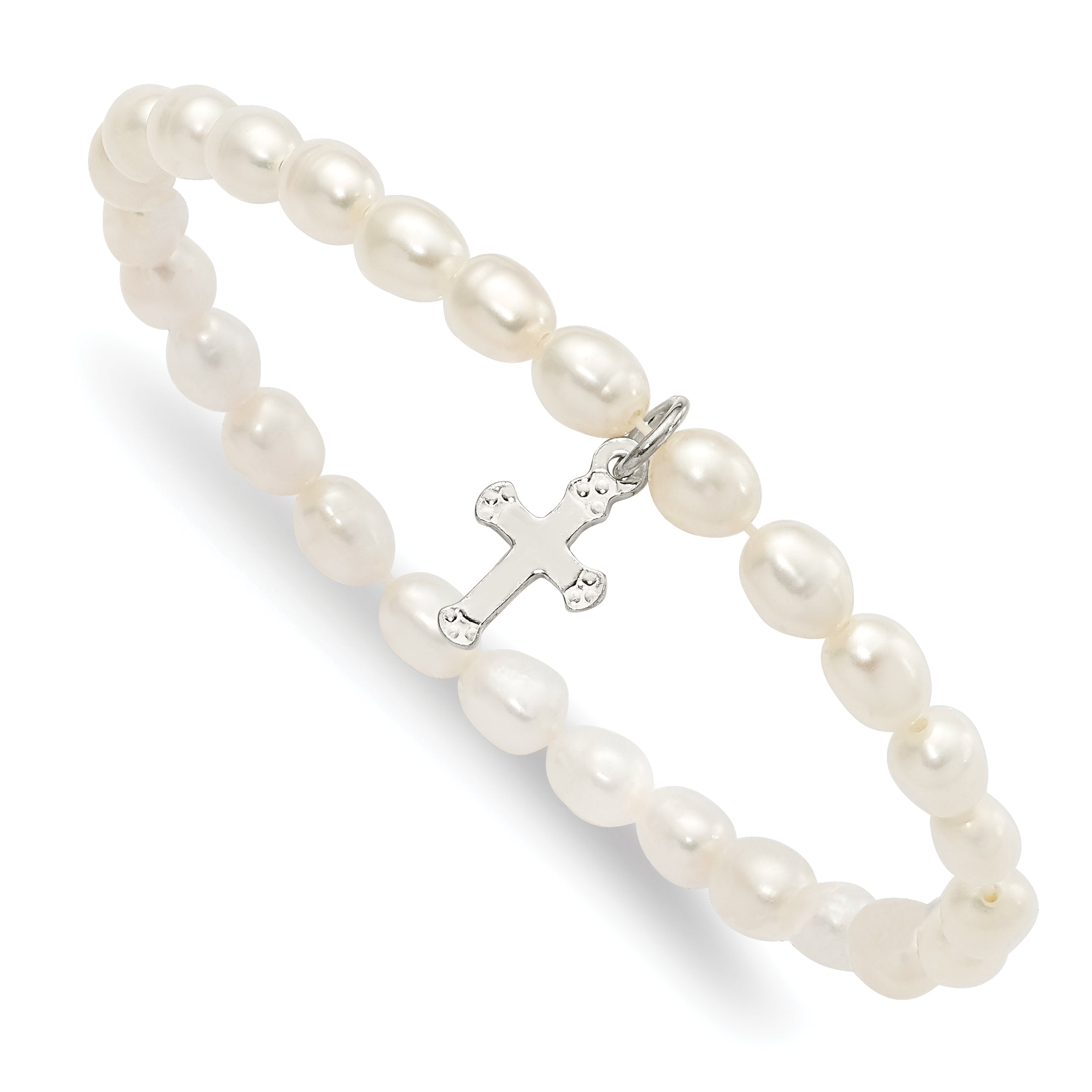 Sterling Silver Polished FWC Pearl & Cross Children's Stretch Bracelet Main image