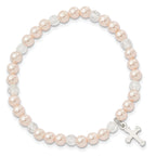 Sterling Silver Pink Shell Bead & Crystal Cross Children's Stretch Bracelet
