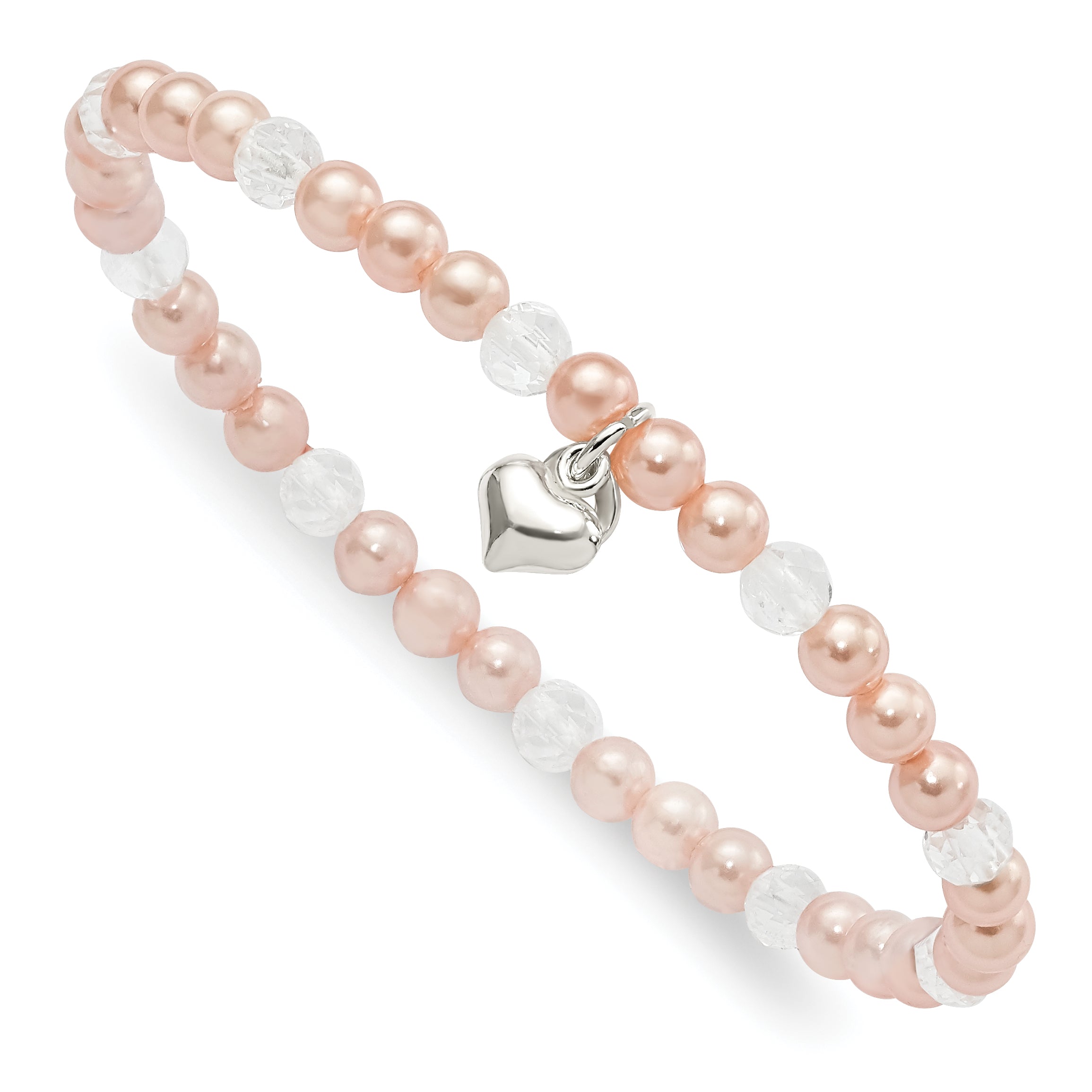 Sterling Silver Pink Shell Bead, Crystal & Heart Children's Stretch Bracele Main image