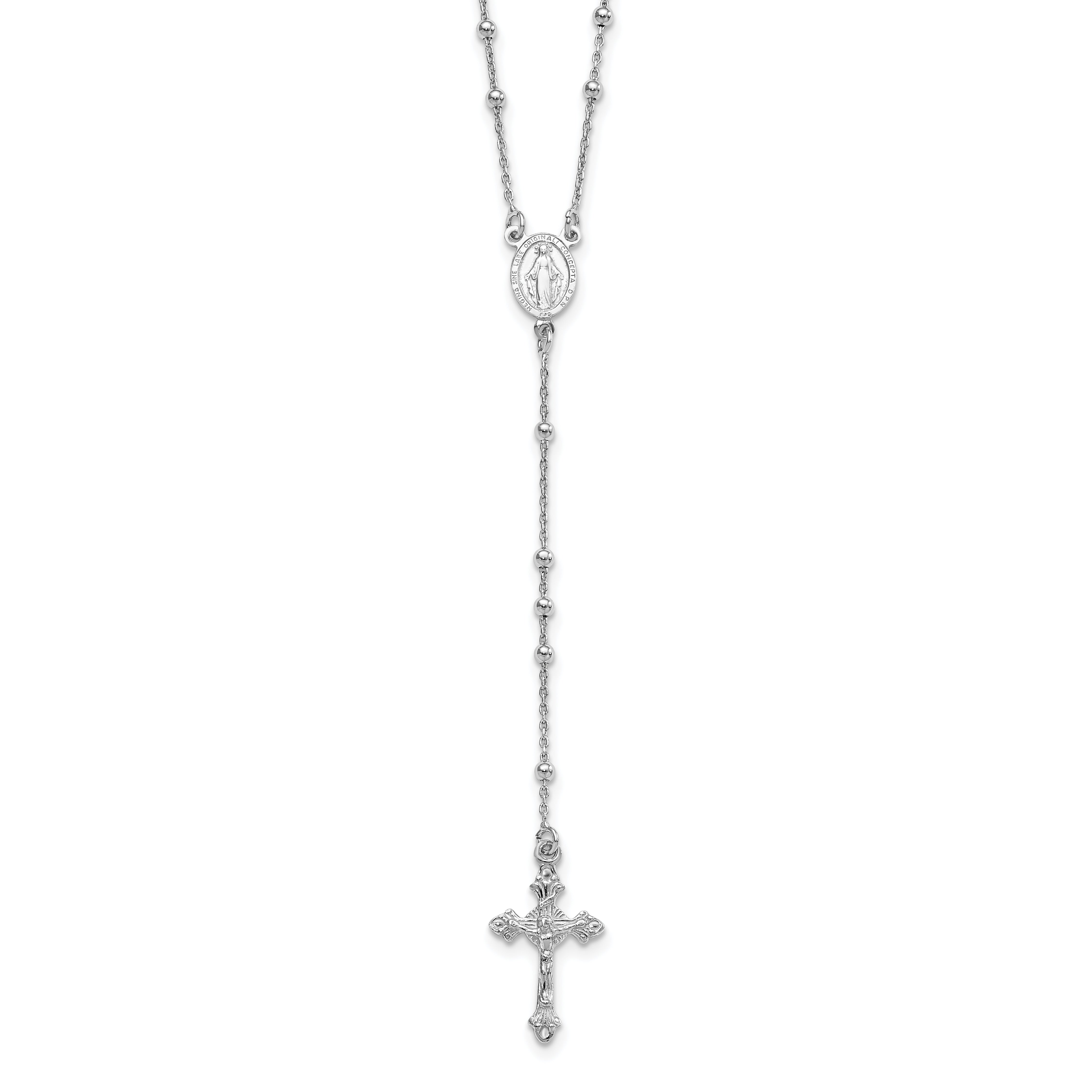 Sterling Silver Rhodium-plated Polished Beaded Rosary 24 inch Necklace
