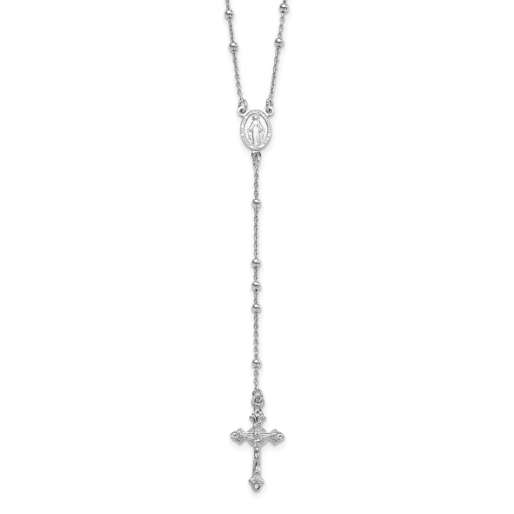 Sterling Silver Rhodium-plated Polished Beaded Rosary 24 inch Necklace