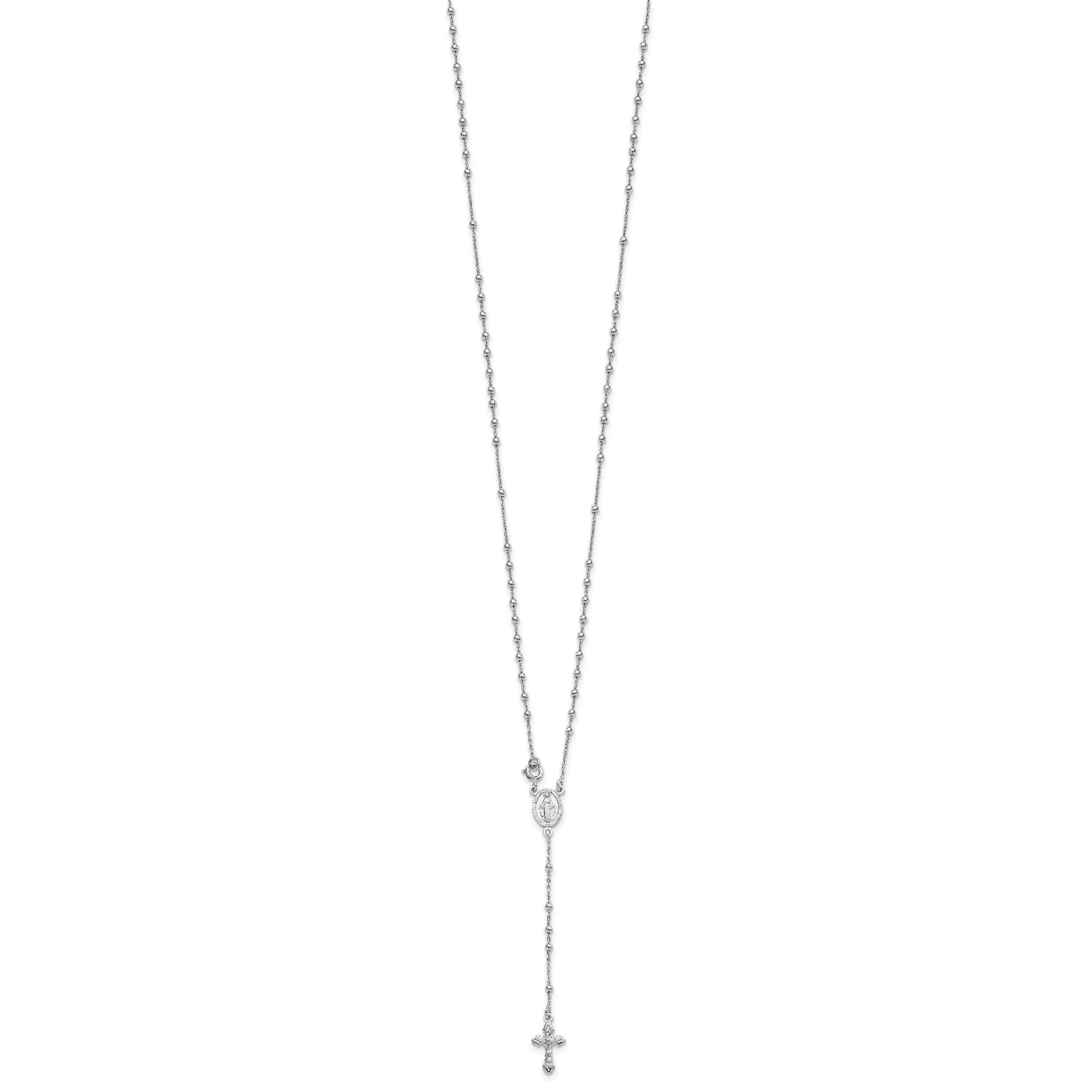 Sterling Silver Rhodium-Plated Beaded Rosary Necklace for Women Polished Elegance
