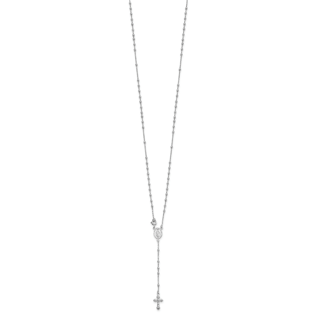 Sterling Silver Rhodium-Plated Beaded Rosary Necklace for Women Polished Elegance