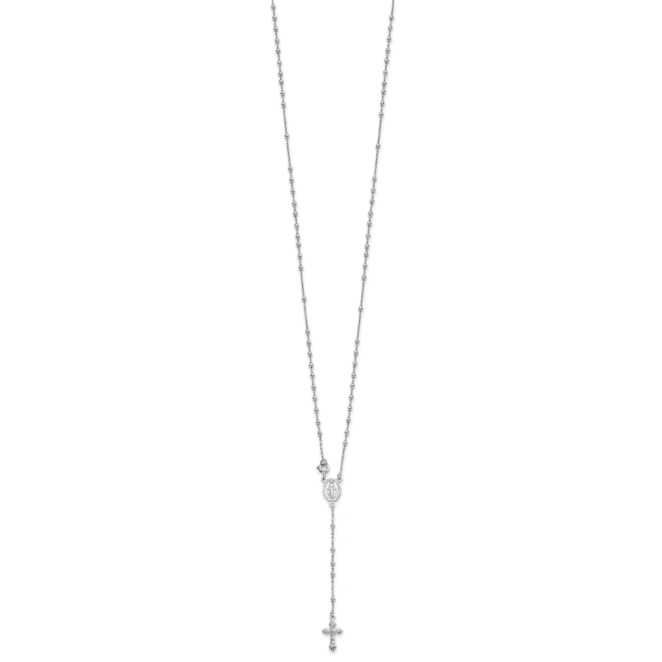 Sterling Silver Rhodium-Plated Beaded Rosary Necklace for Women Polished Elegance