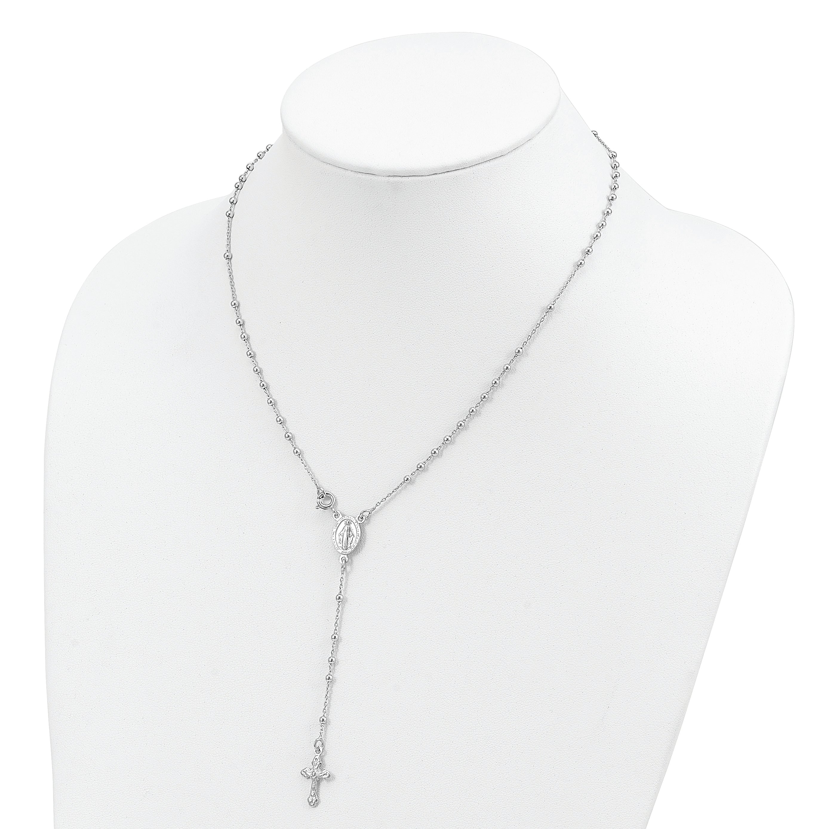 Sterling Silver Rhodium-Plated Beaded Rosary Necklace for Women Polished Elegance