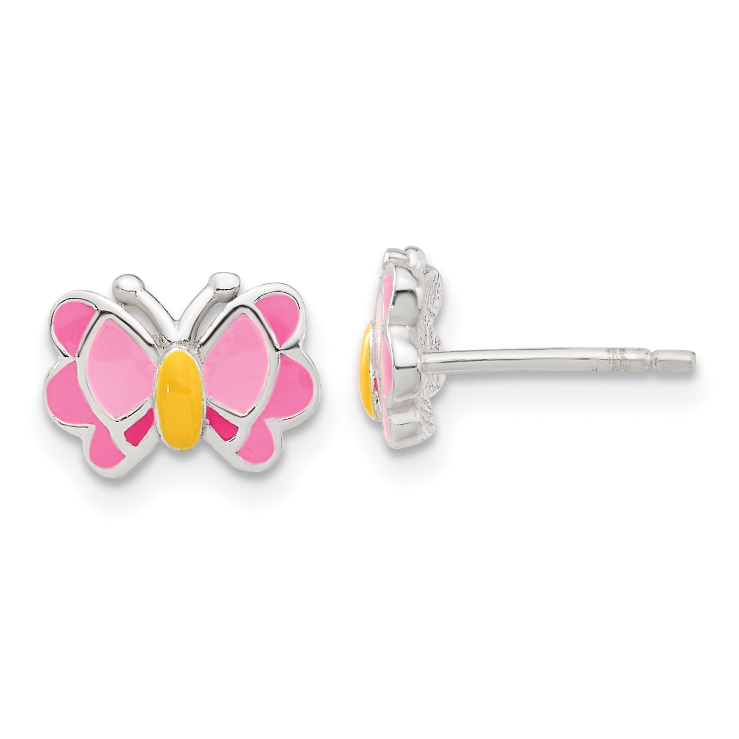 Sterling Silver Polished & Pink/Orange Enameled Butterfly Children's Earrings & 14in Necklace Set Secondary image