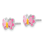 Sterling Silver Polished & Pink/Orange Enameled Butterfly Children's Earrings & 14in Necklace Set