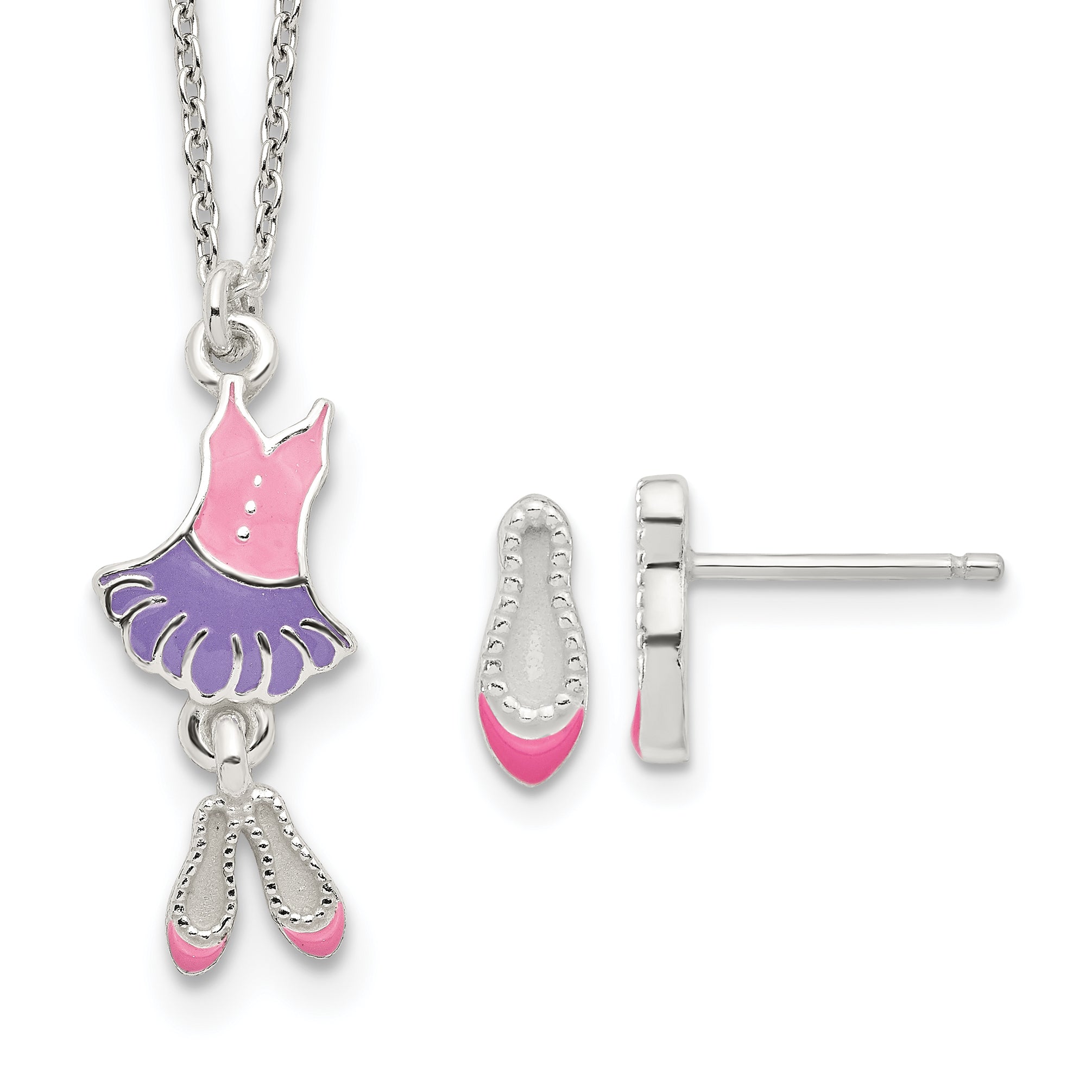 Sterling Silver Polished & Enameled Ballerina Children's 14in Necklace & Earring Set Main image