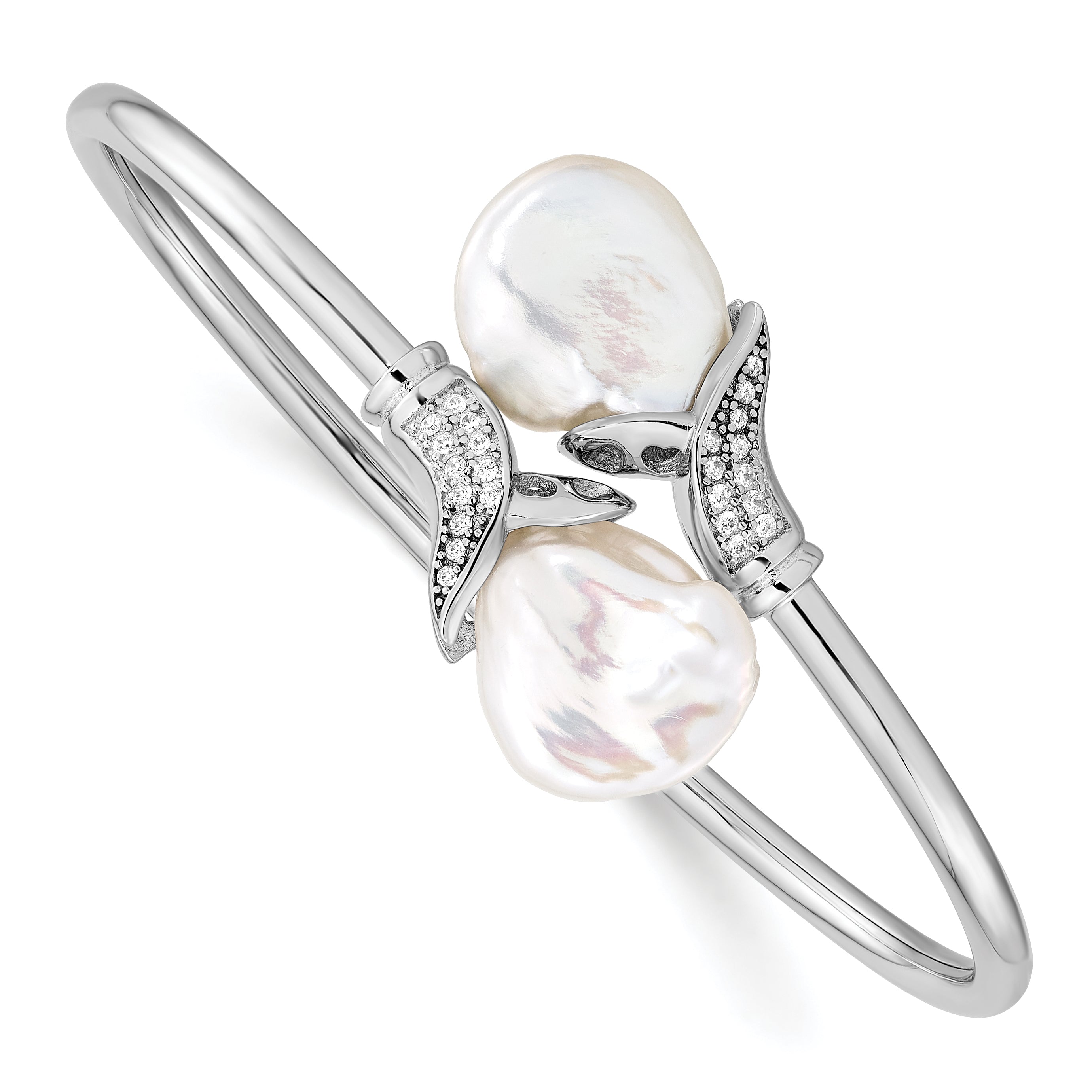 SS Rhodium-plated 16-17mm White Keshi FWC Pearl CZ Flexible Bangle Main image