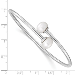 Sterling Silver Rhodium 9-10mm White FWC Pearl Flexible Cuff Bangle