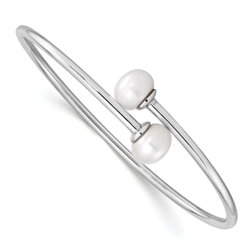 Sterling Silver Rhodium 9-10mm White FWC Pearl Flexible Cuff Bangle
