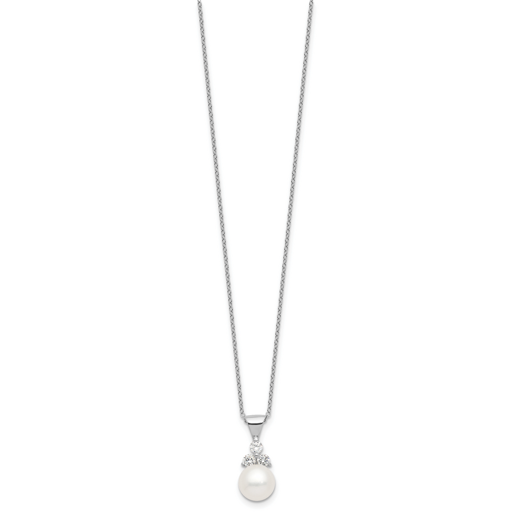Sterling Silver Rhodium-plated 9-10mm Coin FWCPearl CZ Earring/Necklace Set