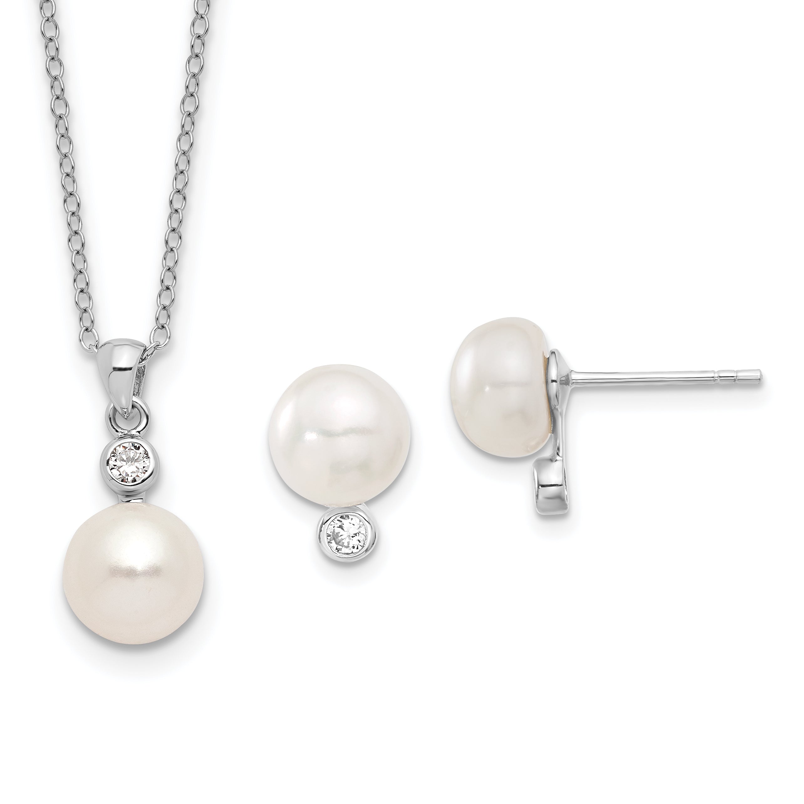 Sterling Silver Rhodium-plated 8-9mm FWC Pearl CZ Earring/Necklace Set Main image