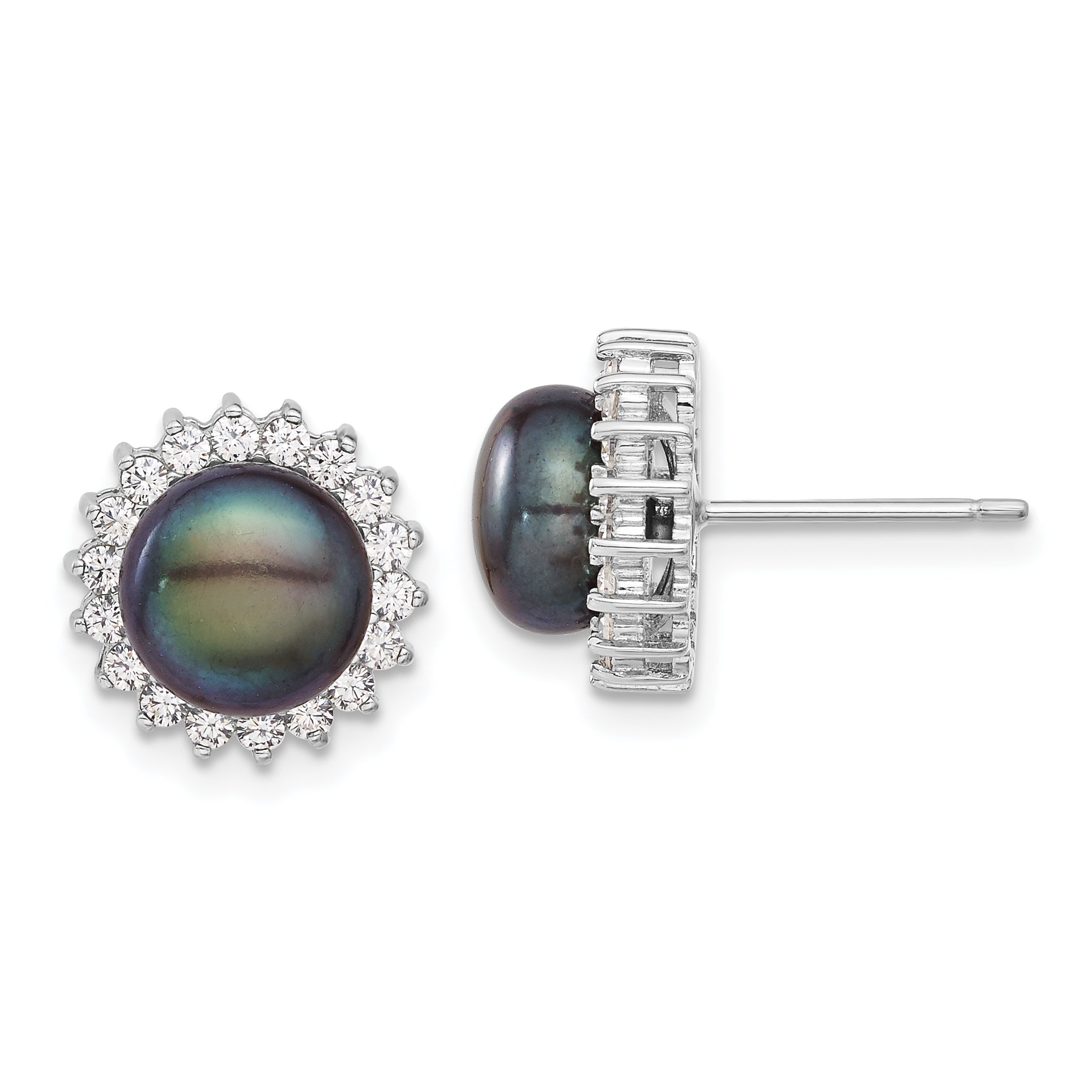 Sterling Silver Rhod-plated 8-9mm Black FWC Pearl CZ Earring/Necklace Set Secondary image