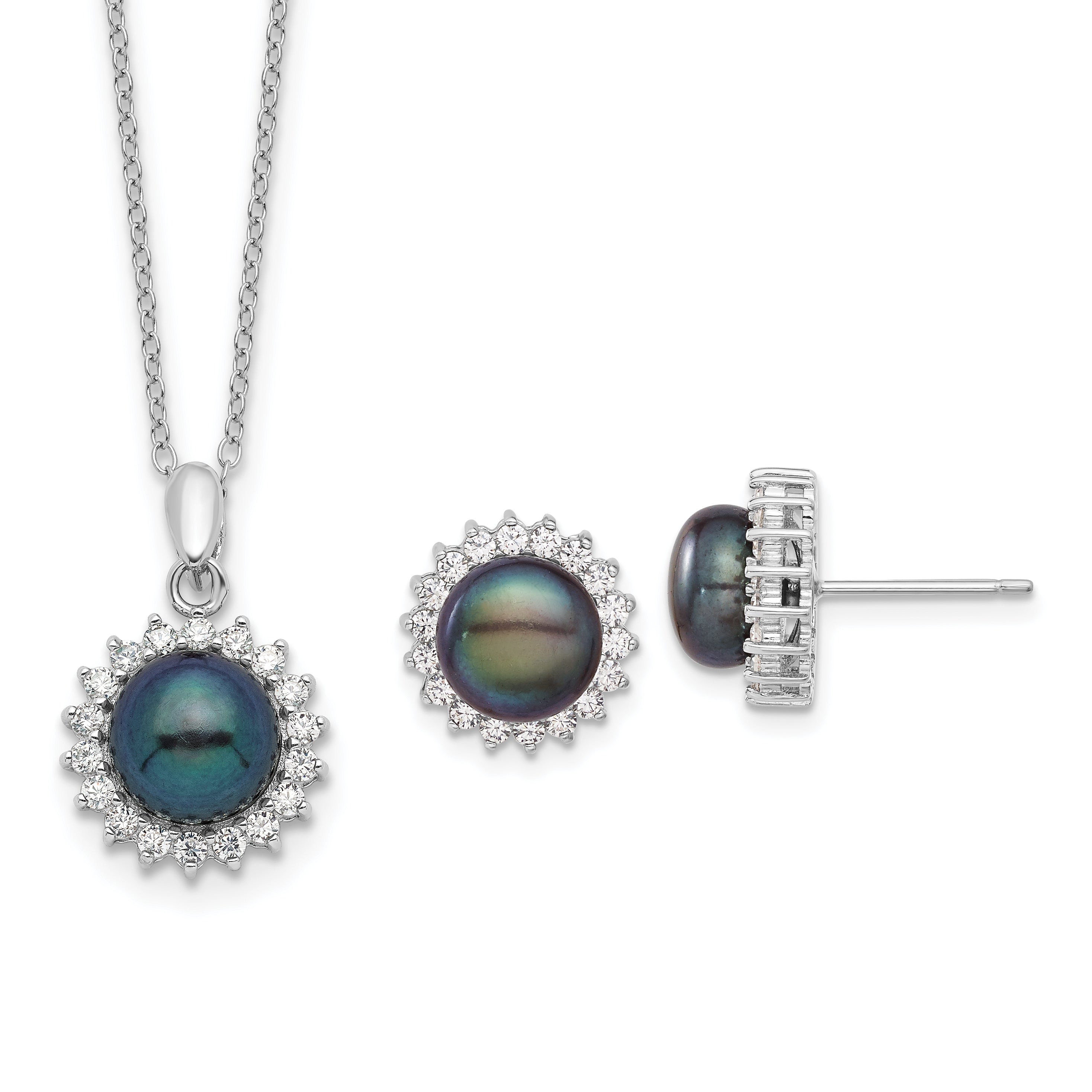 Sterling Silver Rhod-plated 8-9mm Black FWC Pearl CZ Earring/Necklace Set Main image