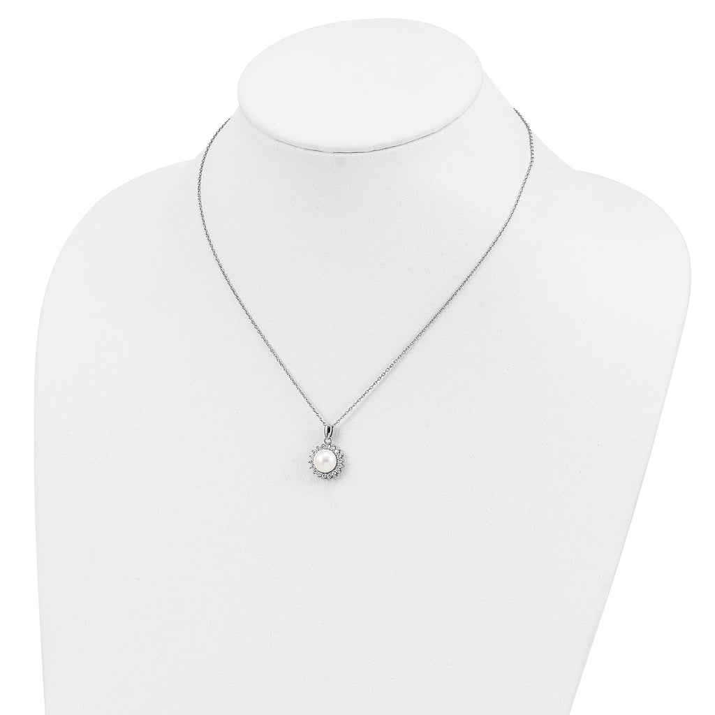 Sterling Silver Rhodium-plated 8-9mm FWC Pearl CZ Earring/Necklace Set