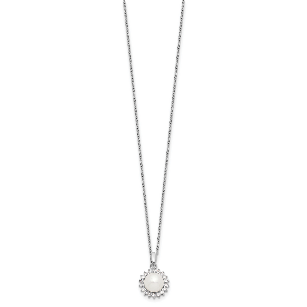 Sterling Silver Rhodium-plated 8-9mm FWC Pearl CZ Earring/Necklace Set