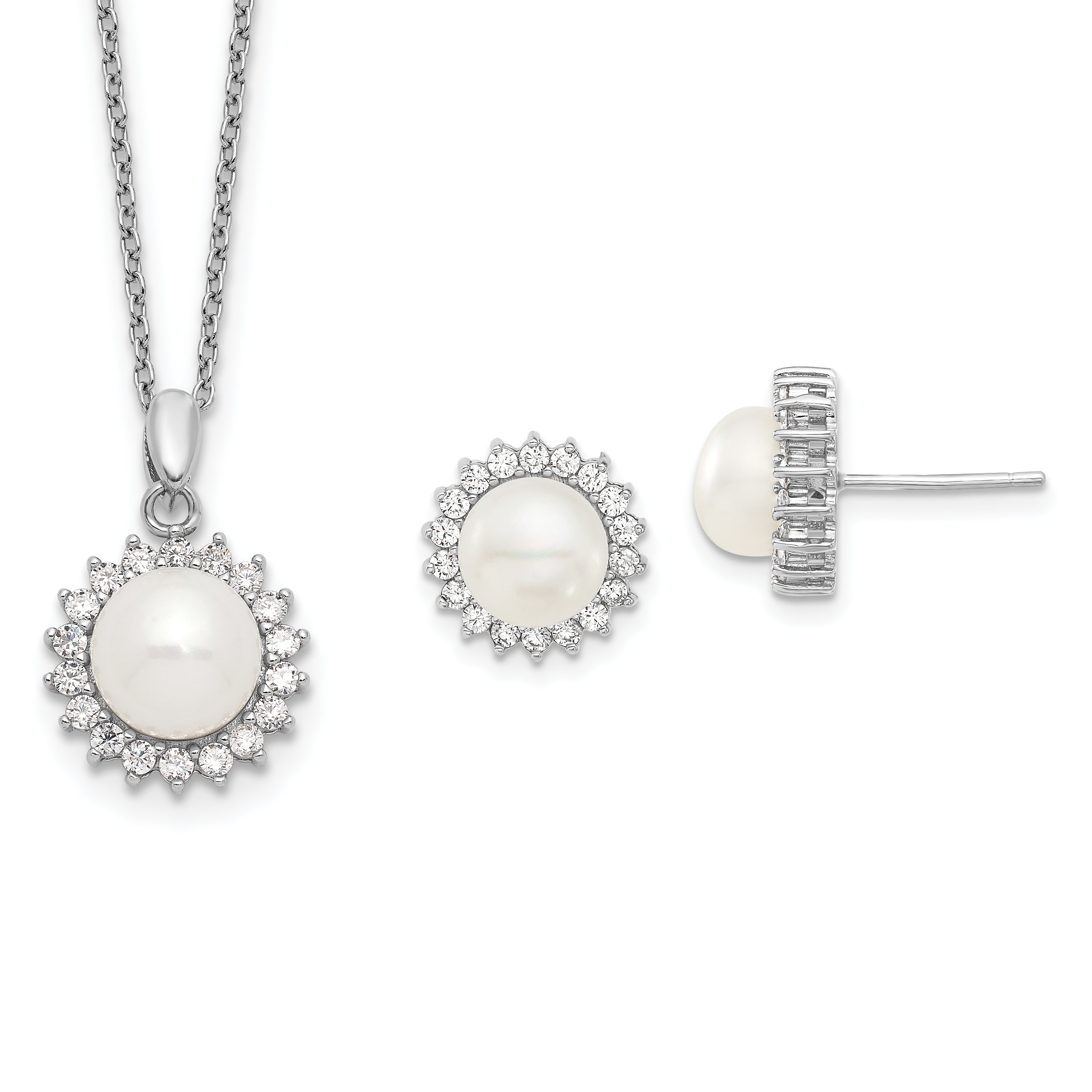 Sterling Silver Rhodium-plated 8-9mm FWC Pearl CZ Earring/Necklace Set Main image