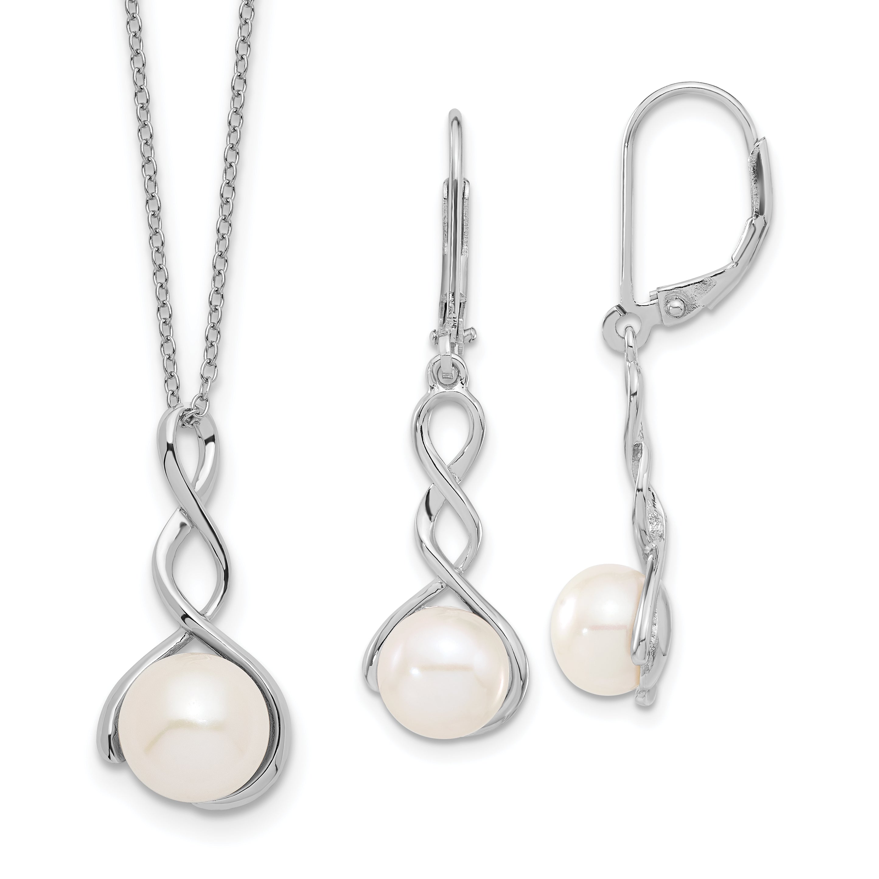 Sterling Silver Rhodium-plated 8-9mm White FWC Pearl Earring/Necklace Set Main image