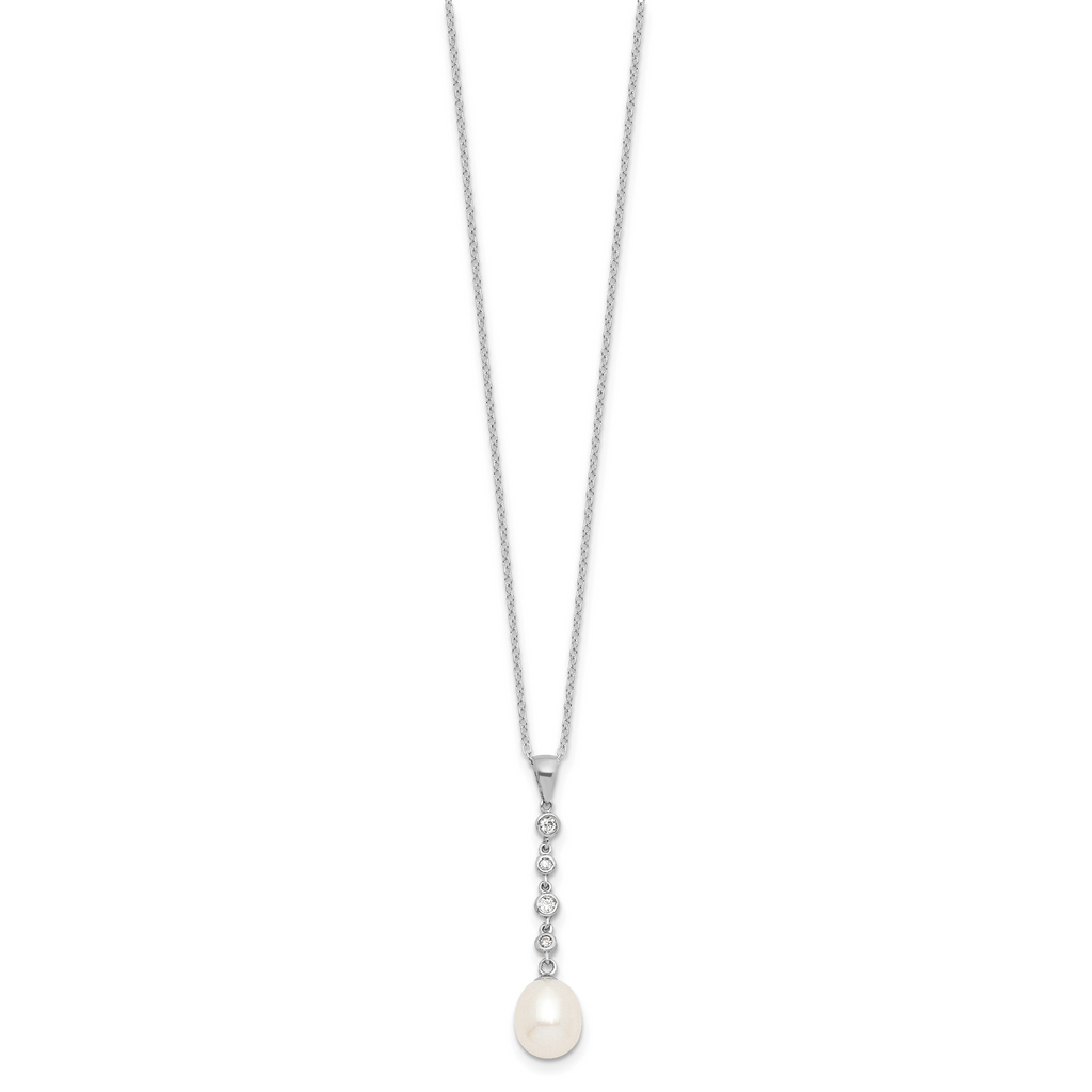 Sterling Silver Rhodium-plated 8-9mm FWC Pearl CZ Earring/Necklace Set