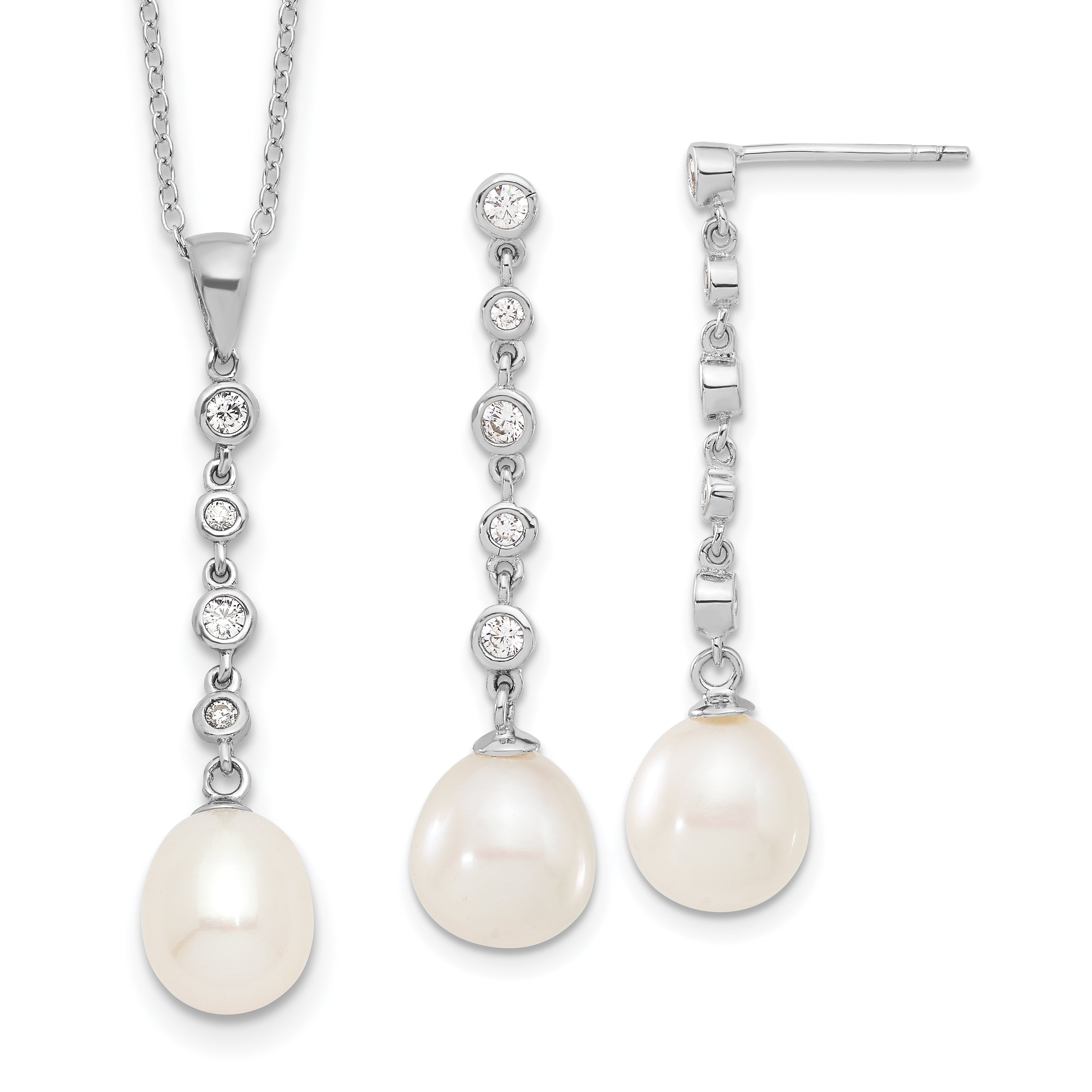 Sterling Silver Rhodium-plated 8-9mm FWC Pearl CZ Earring/Necklace Set Main image