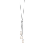 Sterling Silver Rhodium-Plated Pearl CZ Drop Necklace with Elegant Finish