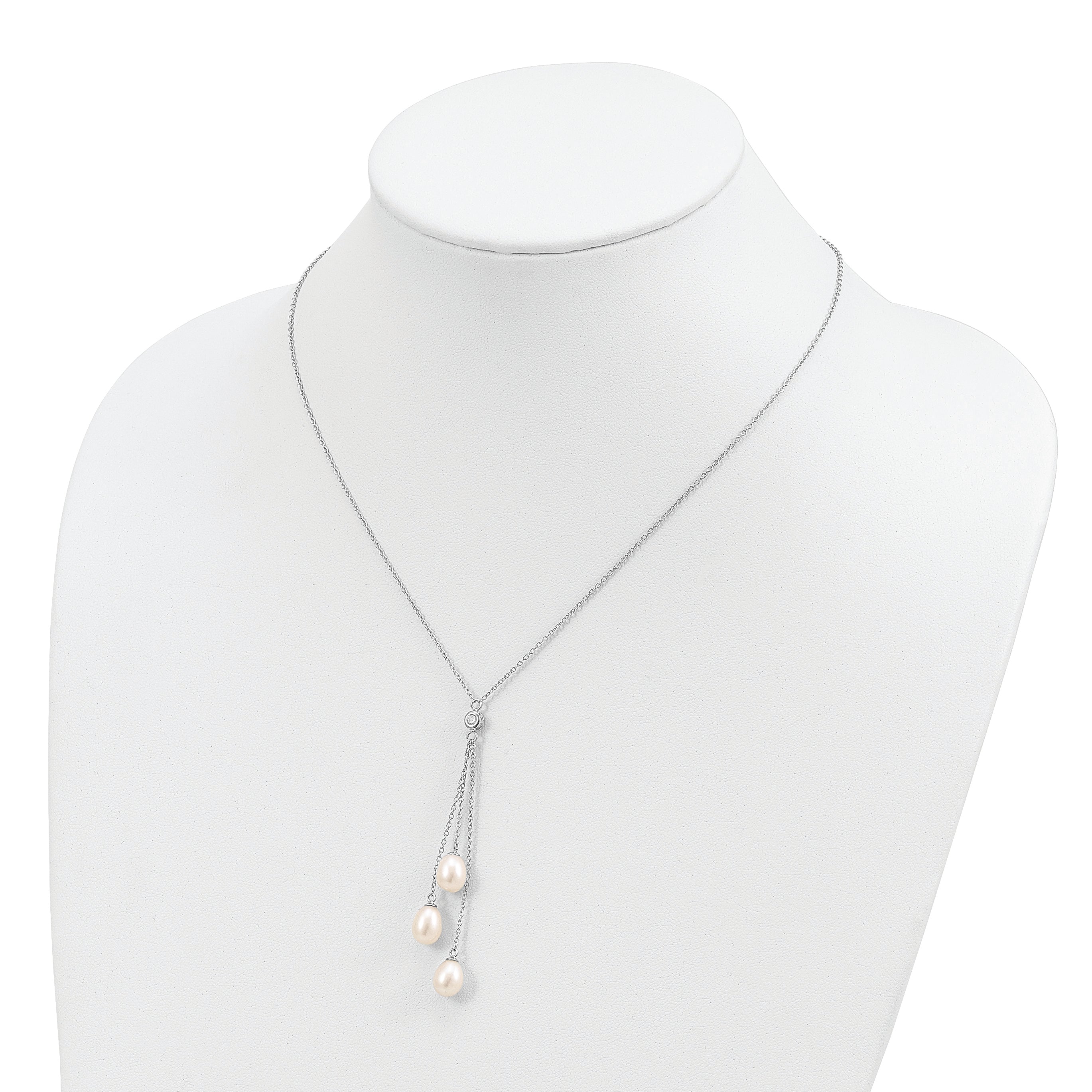 Sterling Silver Rhodium-Plated Pearl CZ Drop Necklace with Elegant Finish