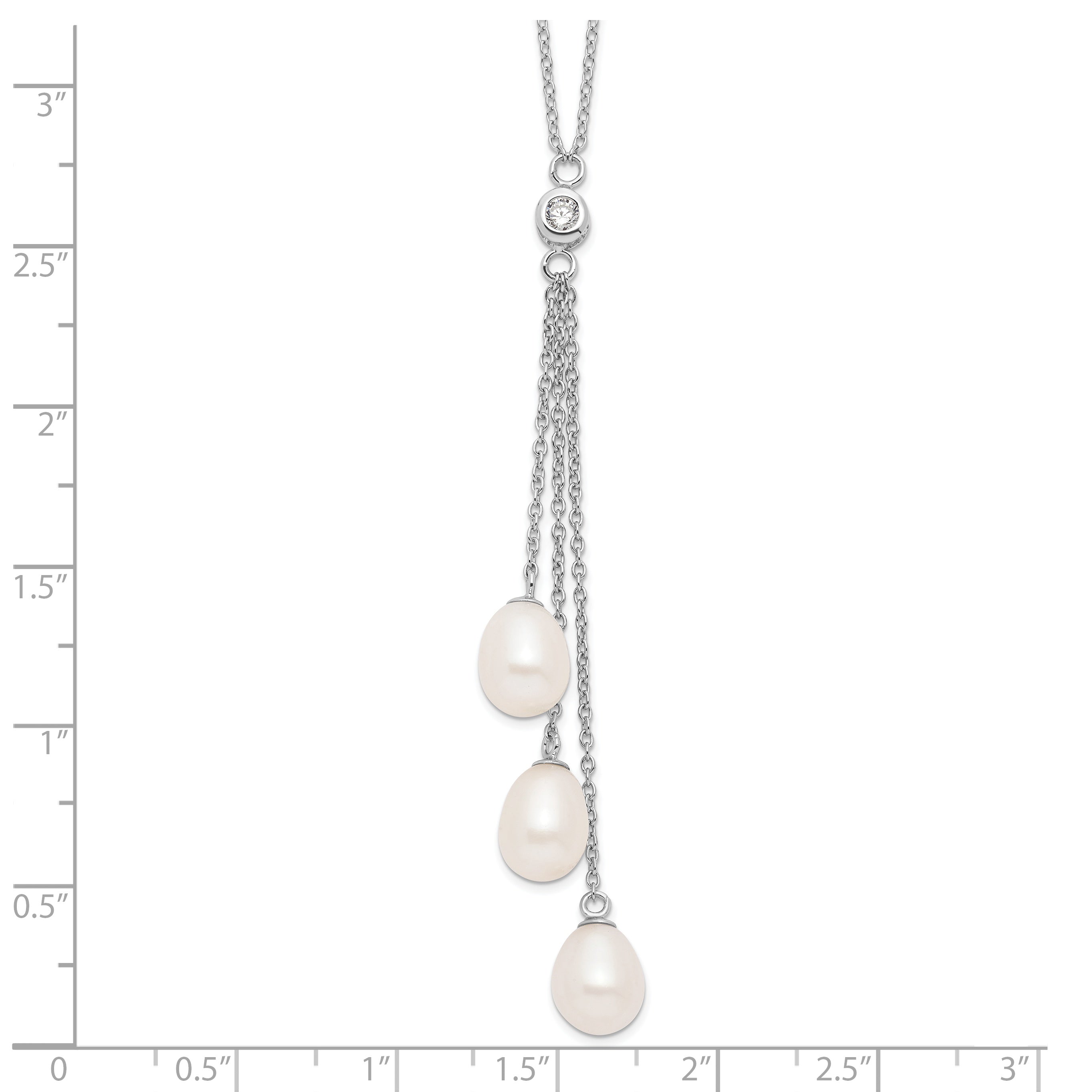 Sterling Silver Rhodium-Plated Pearl CZ Drop Necklace with Elegant Finish