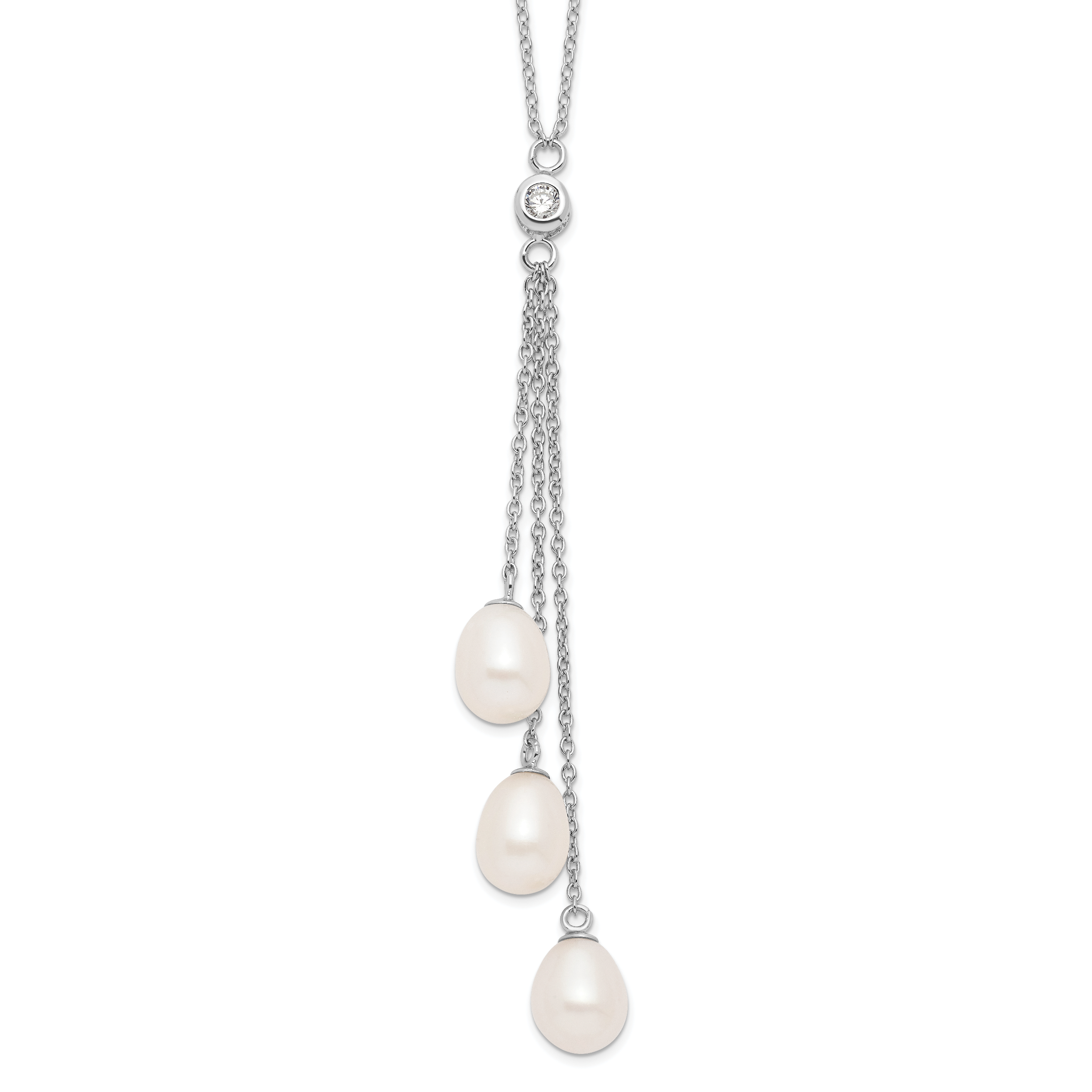 Sterling Silver Rhodium-plated 7-8mm White FWC Pearl CZ Drop Necklace Main image