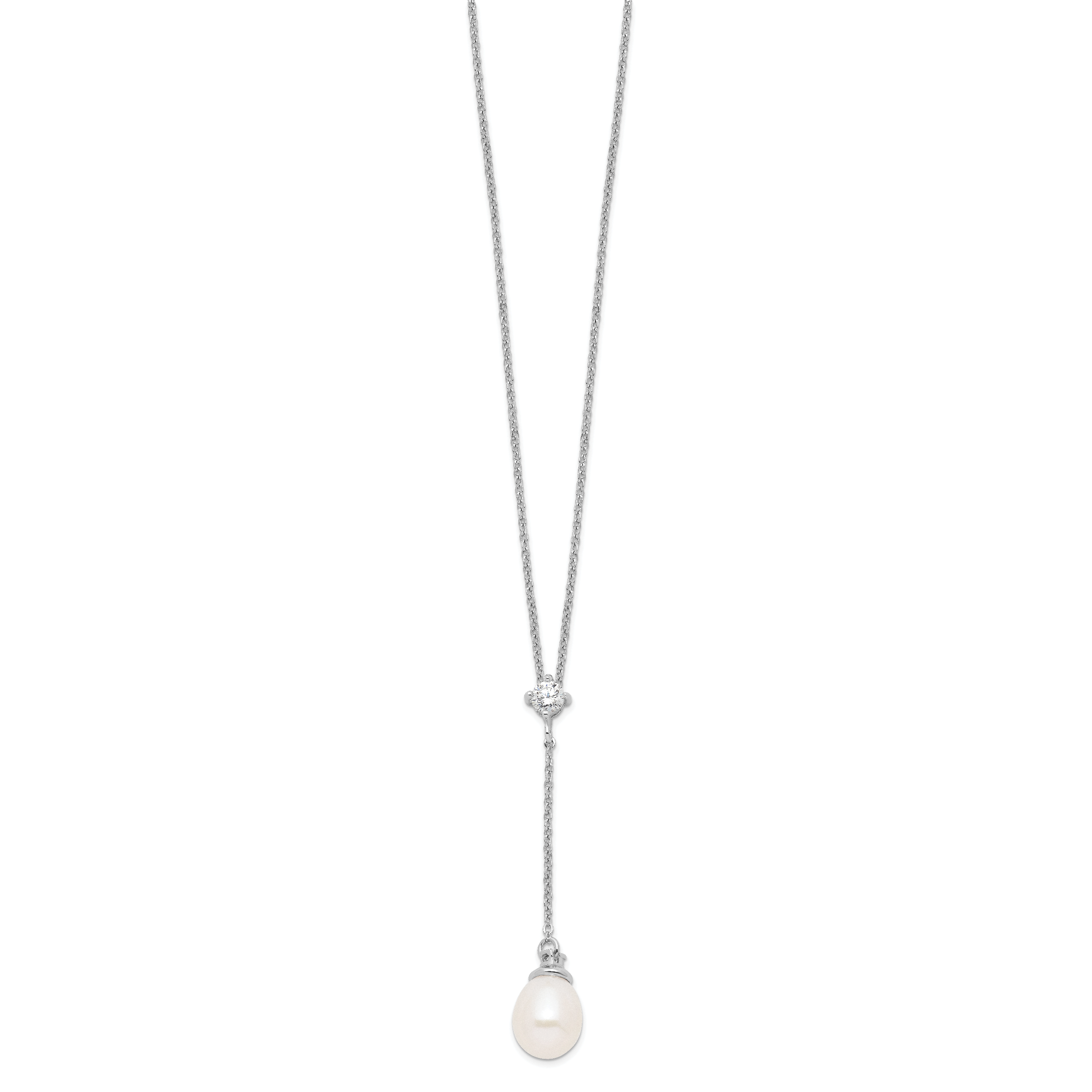 Sterling Silver 925 Polished Pearl CZ Drop Necklace Elegant Women's Jewelry Secondary image
